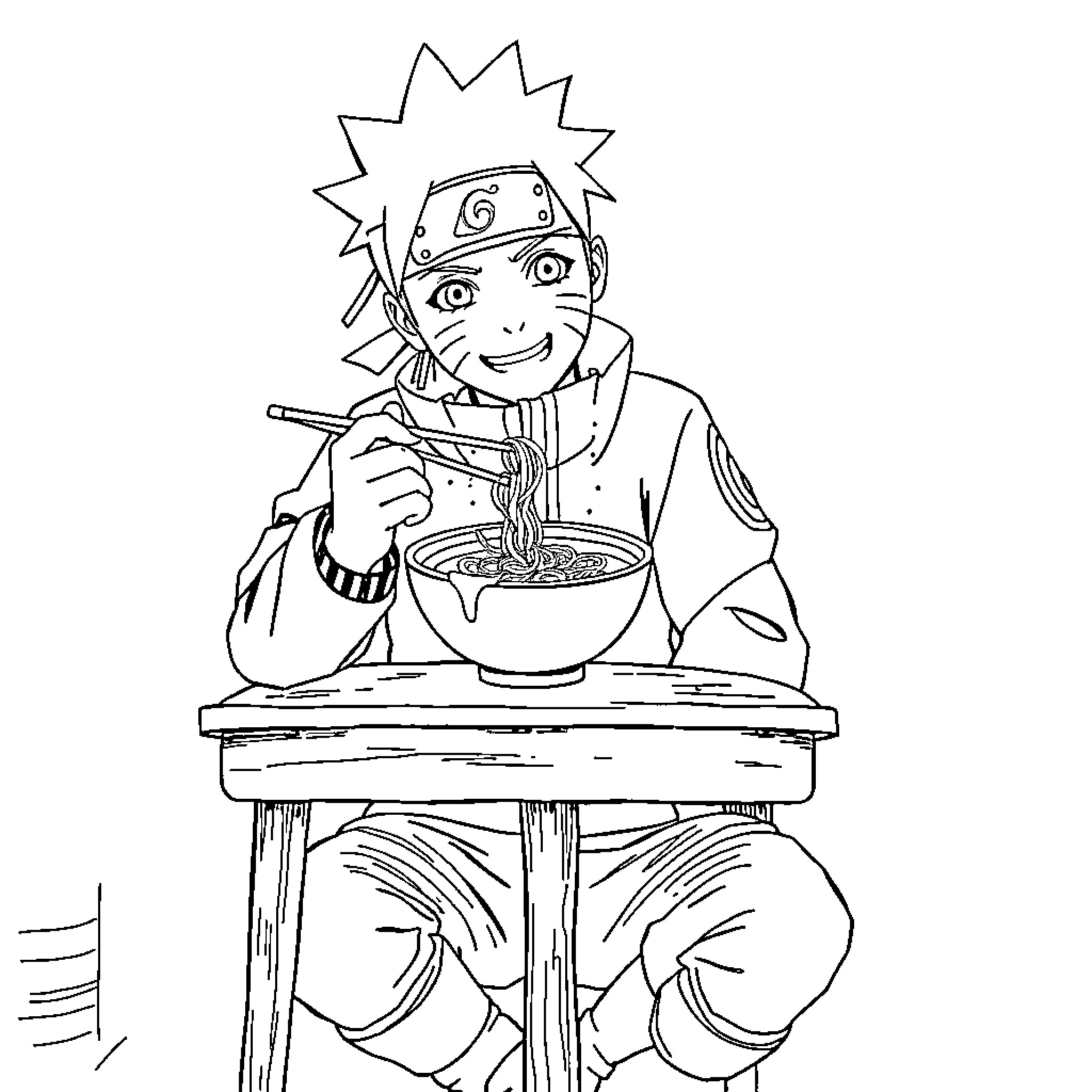 Naruto enjoying a bowl of ramen Coloring Page (free black-and-white line drawing printable PDF for all, from beginners to advanced learners, including children, teens, adults, and seniors)