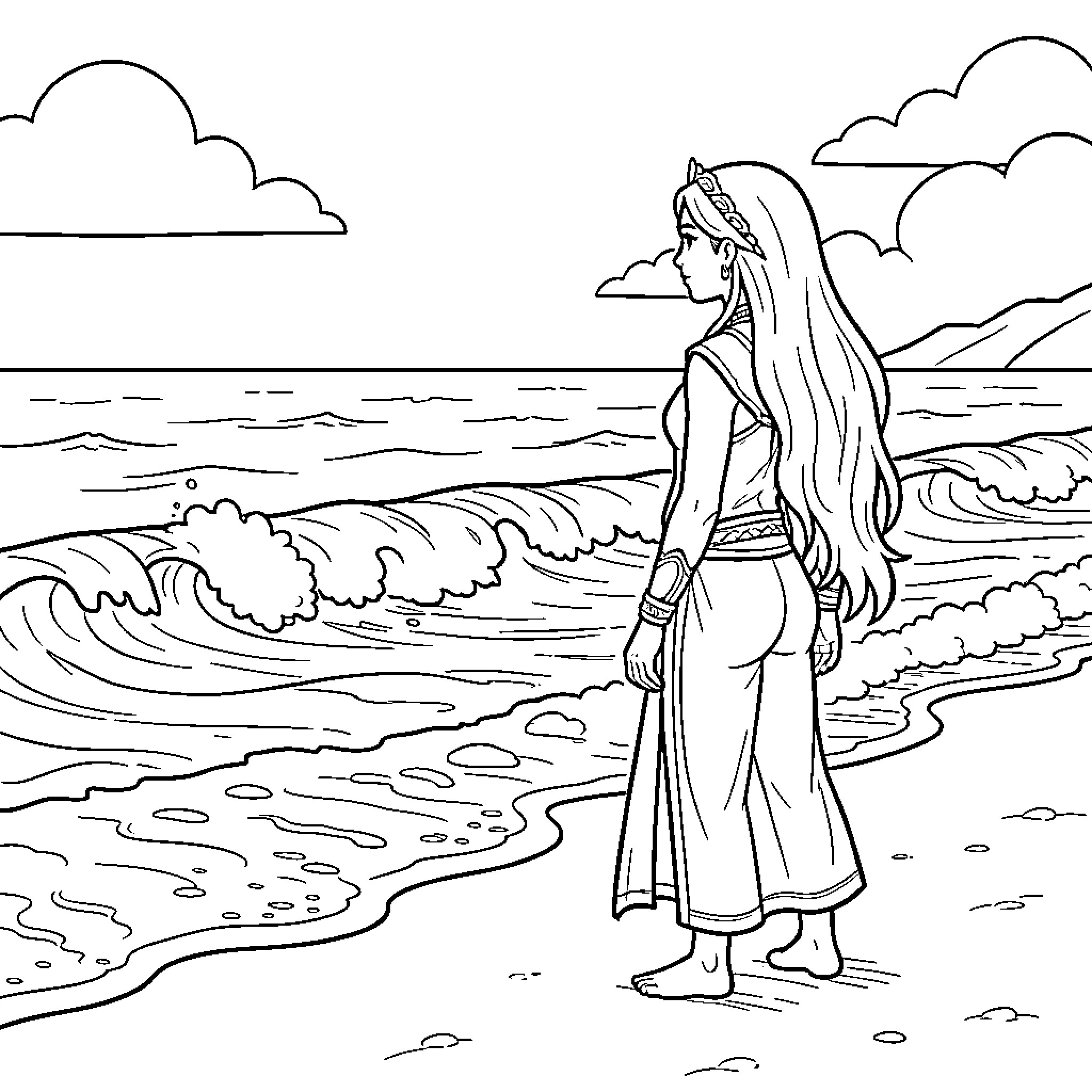 Moana standing on the beach looking at ocean waves Coloring Page (free black-and-white line drawing printable PDF for all, from beginners to advanced learners, including children, teens, adults, and seniors)