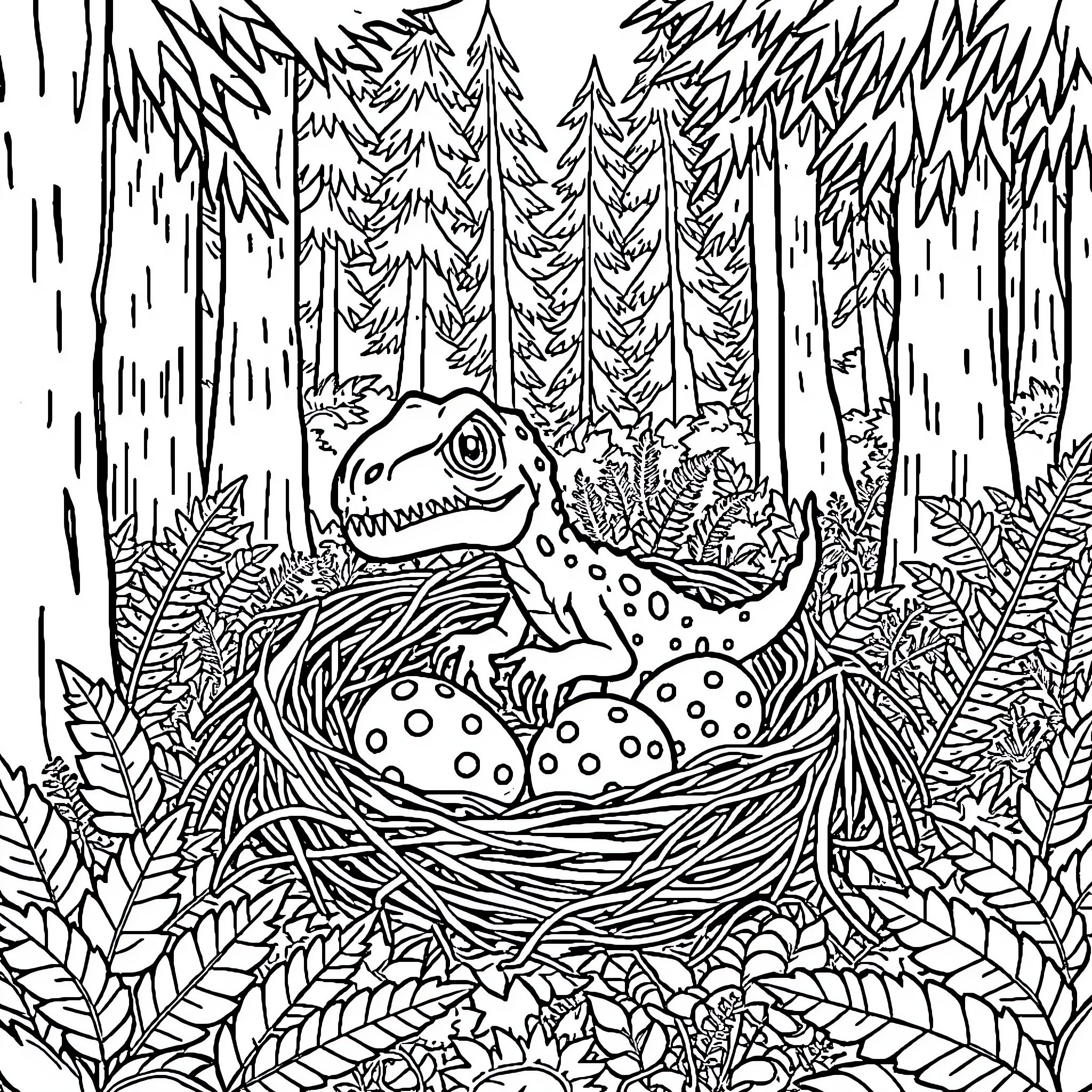 Velociraptor lurking in a dense forest Coloring Page (free black-and-white line drawing printable PDF for all, from beginners to advanced learners, including children, teens, adults, and seniors)