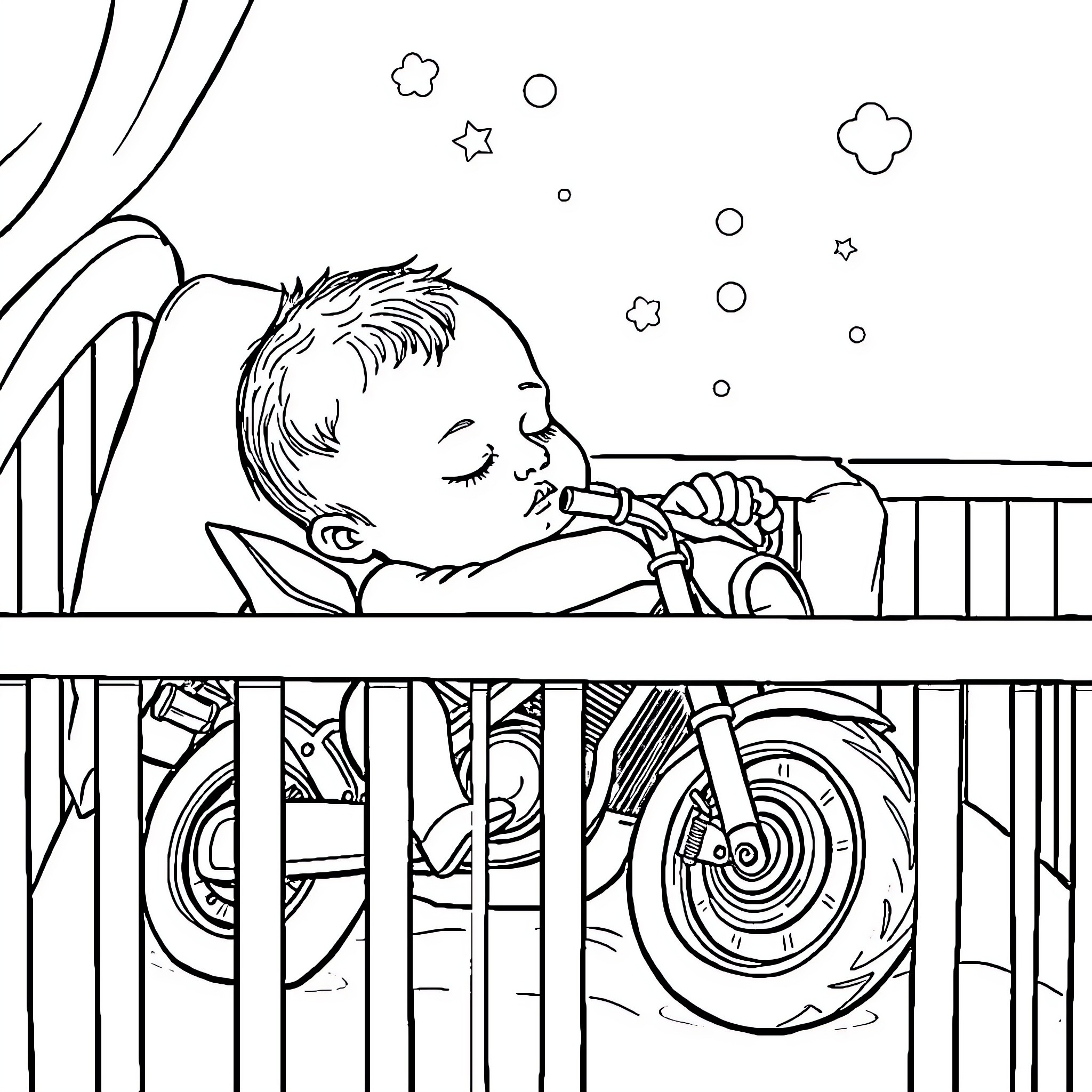 Baby Boy Sleeping Peacefully in His Crib Coloring Page (free black-and-white line drawing printable PDF for all, from beginners to advanced learners, including children, teens, adults, and seniors)