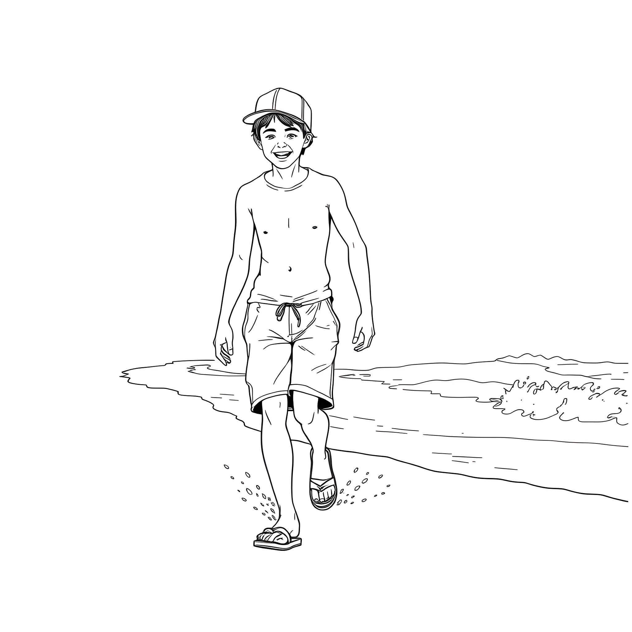 Teen Guy Walking on the Beach Coloring Page (free black-and-white line drawing printable PDF for all, from beginners to advanced learners, including children, teens, adults, and seniors)