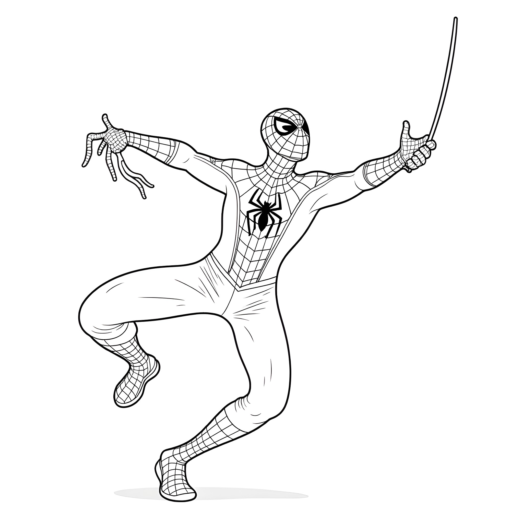 Spiderman in action-packed pose Coloring Page (free black-and-white line drawing printable PDF for all, from beginners to advanced learners, including children, teens, adults, and seniors)