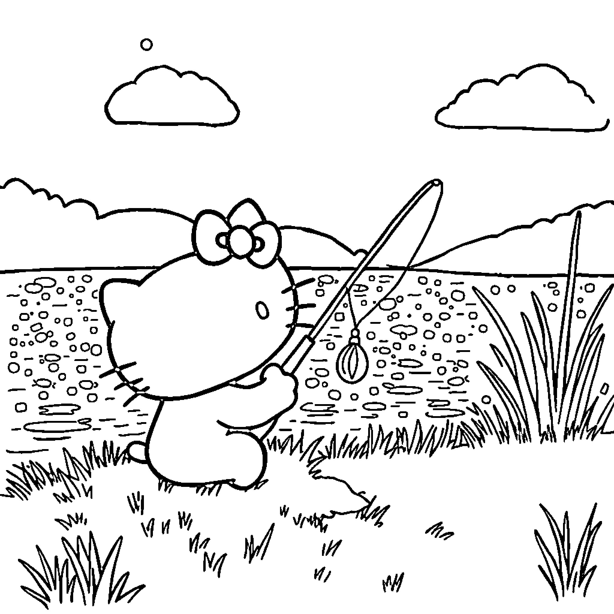 Hello Kitty explores the outdoorsy landscape Coloring Page (free black-and-white line drawing printable PDF for all, from beginners to advanced learners, including children, teens, adults, and seniors)