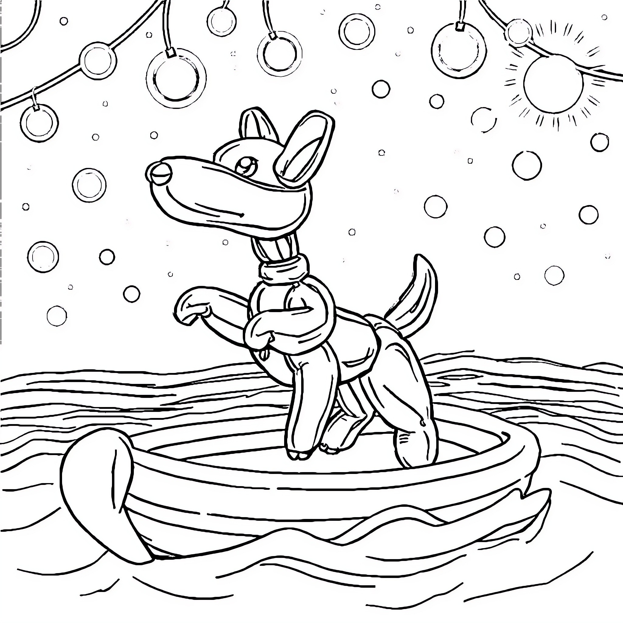 Balloon Dog floating on water with sun and bubbles Coloring Page (free black-and-white line drawing printable PDF for all, from beginners to advanced learners, including children, teens, adults, and seniors)