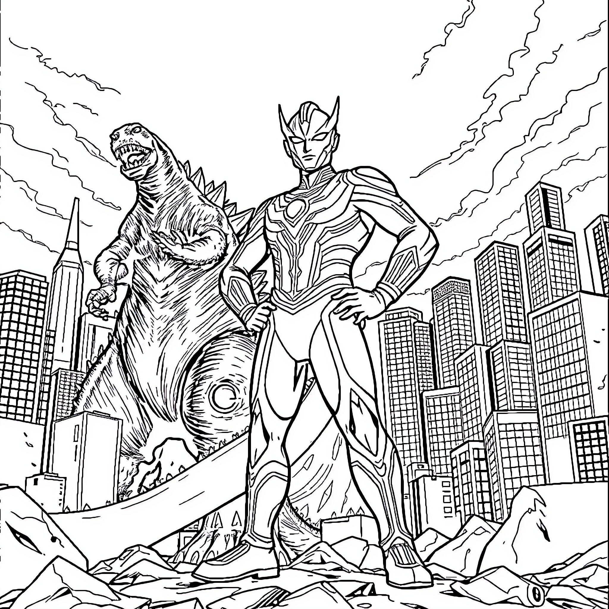 Ultraman defending the city from a giant monster Coloring Page (free black-and-white line drawing printable PDF for all, from beginners to advanced learners, including children, teens, adults, and seniors)