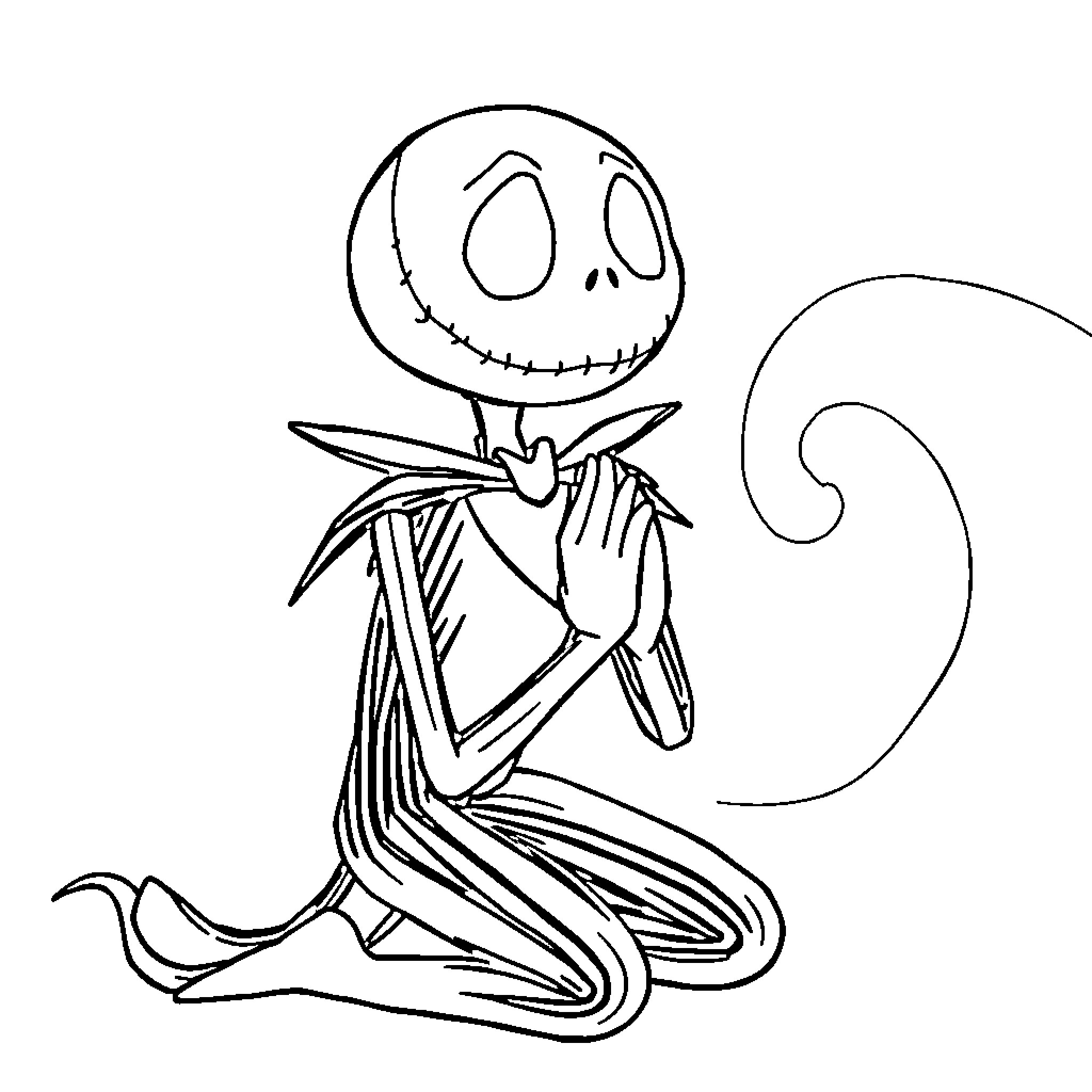 Jack Skellington sitting in a contemplative pose Coloring Page (free black-and-white line drawing printable PDF for all, from beginners to advanced learners, including children, teens, adults, and seniors)