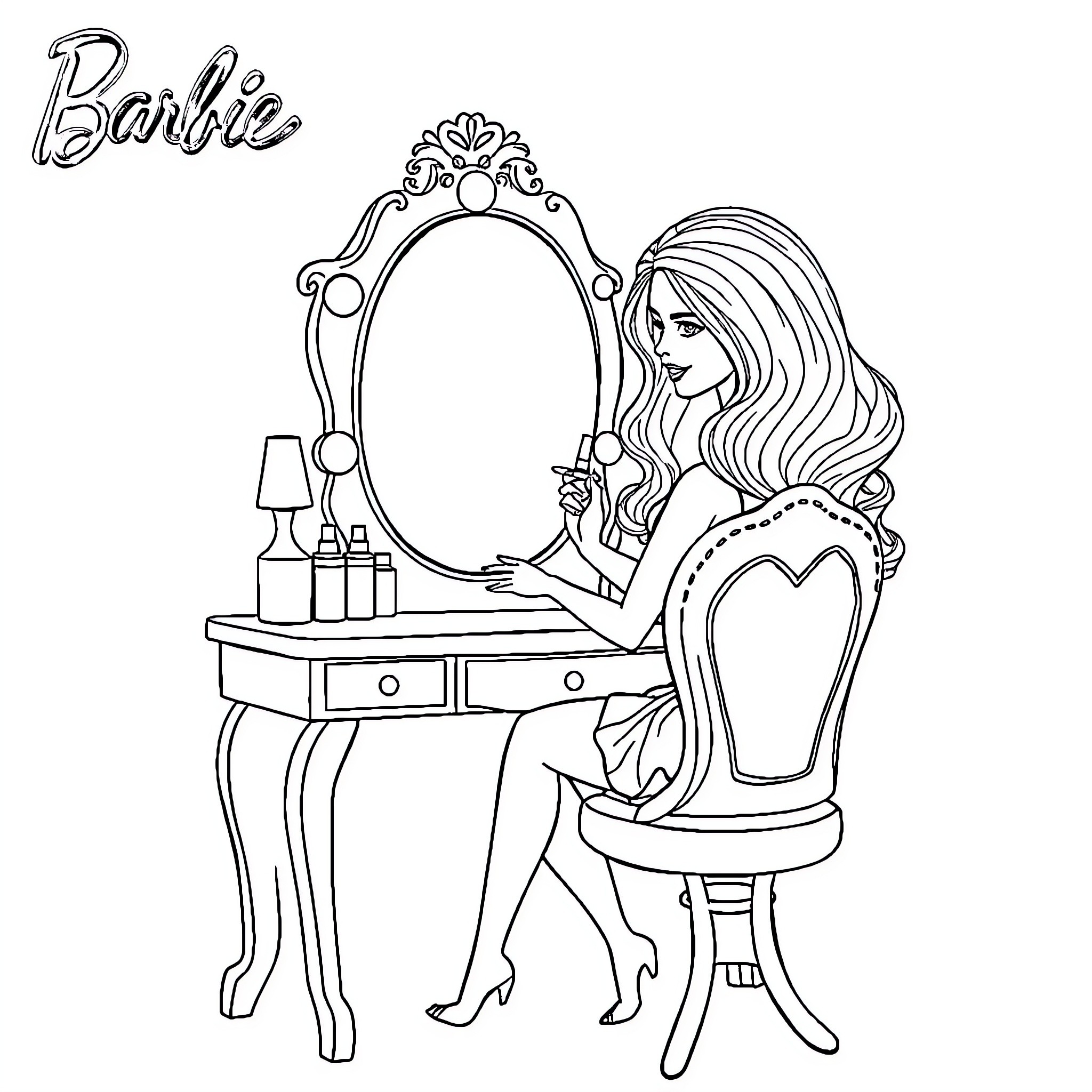 Barbie at her vanity, getting ready Coloring Page (free black-and-white line drawing printable PDF for all, from beginners to advanced learners, including children, teens, adults, and seniors)