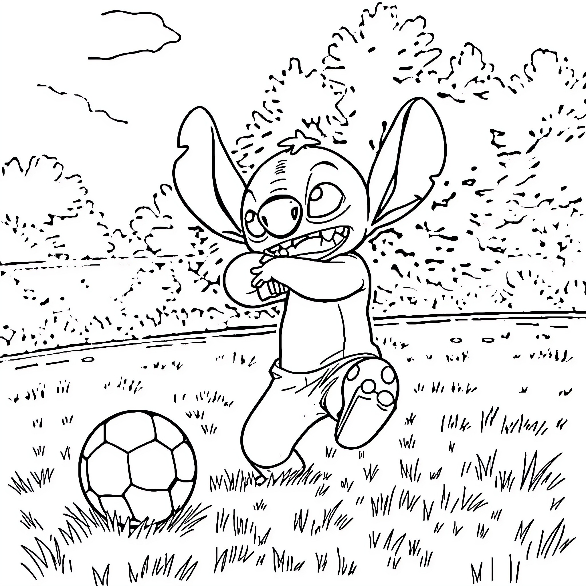 Stitch playing with a soccer ball in the park Coloring Page (free black-and-white line drawing printable PDF for all, from beginners to advanced learners, including children, teens, adults, and seniors)