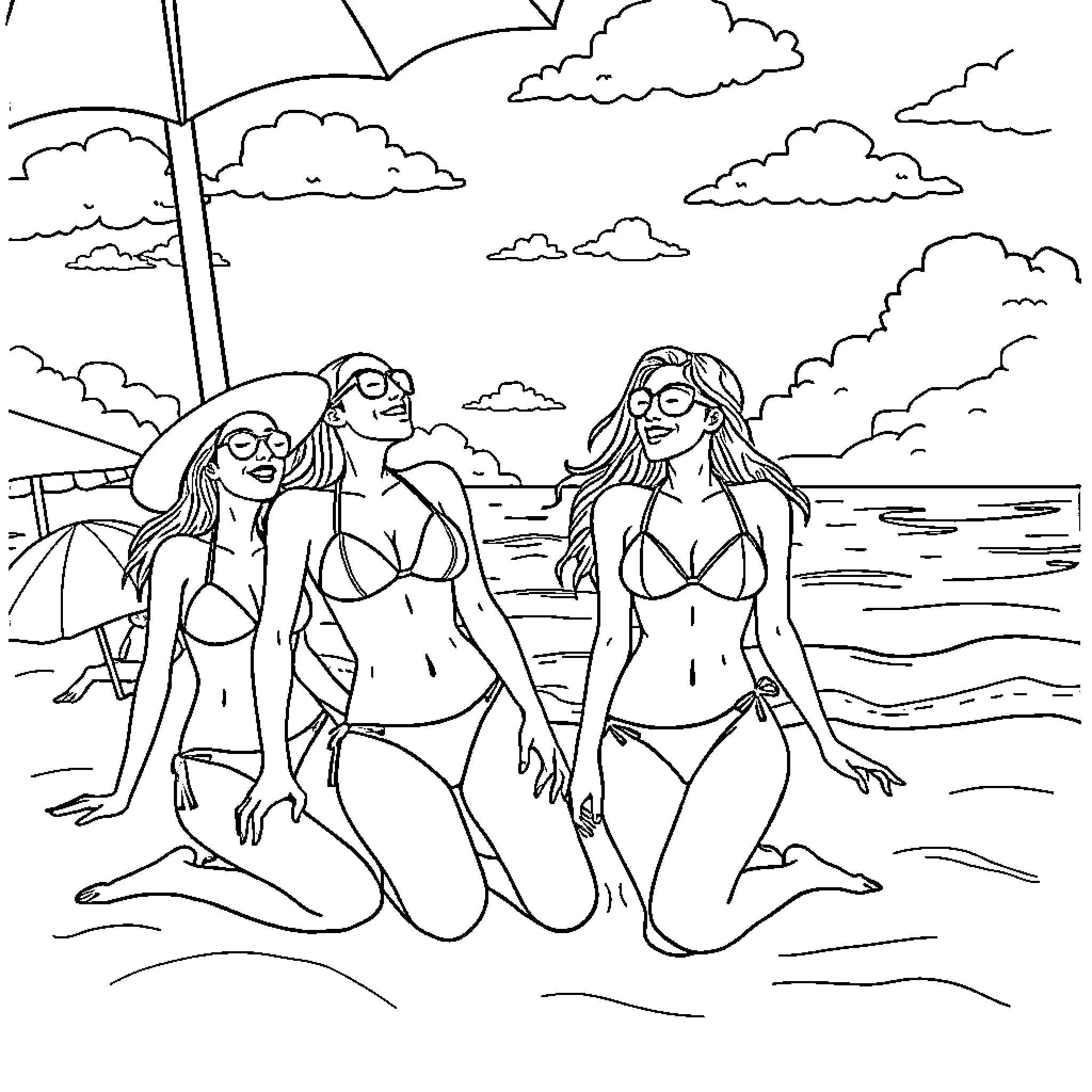 Girls enjoying a day at the beach Coloring Page (free black-and-white line drawing printable PDF for all, from beginners to advanced learners, including children, teens, adults, and seniors)