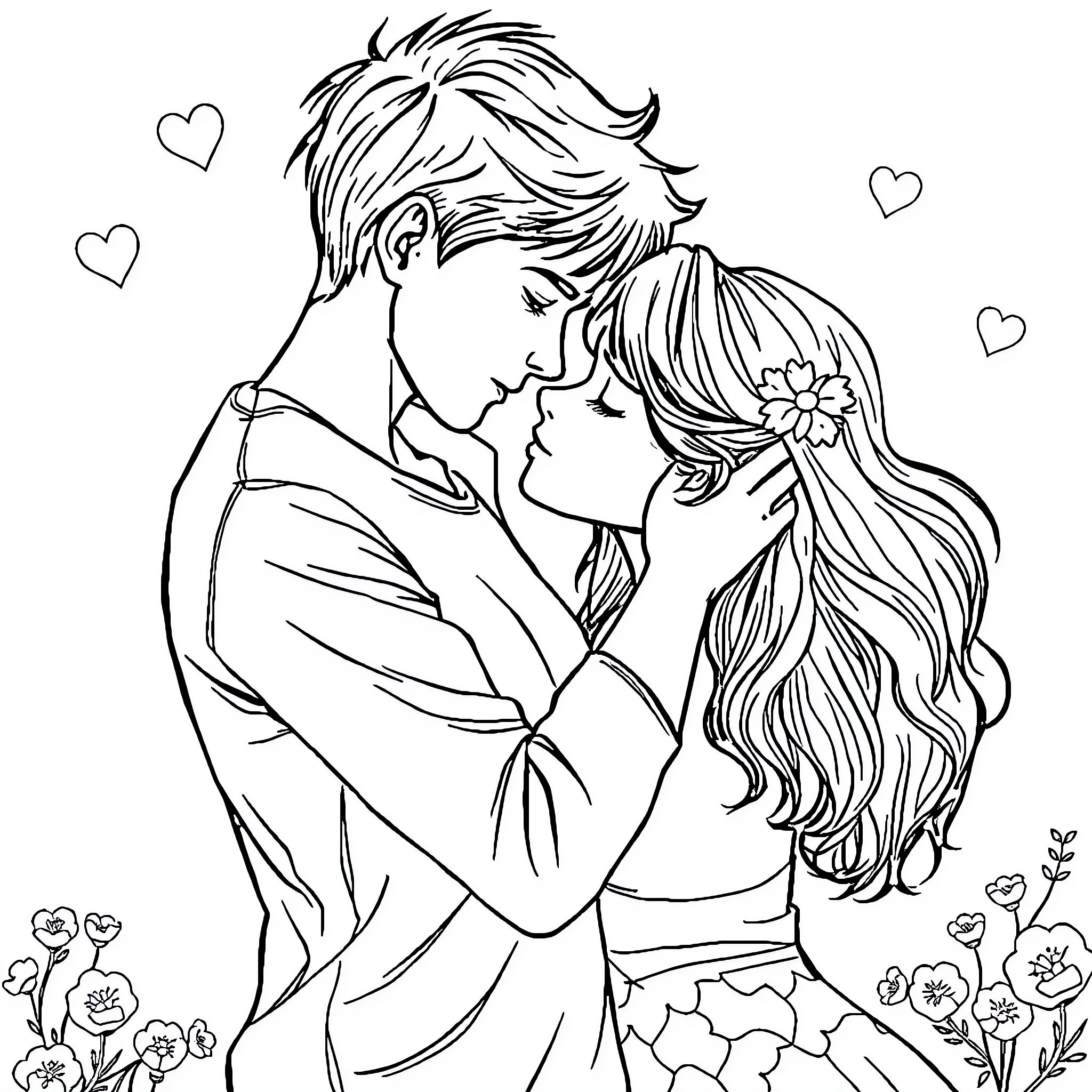 Virgin Couple's Intimate Embrace Coloring Page (free black-and-white line drawing printable PDF for all, from beginners to advanced learners, including children, teens, adults, and seniors)