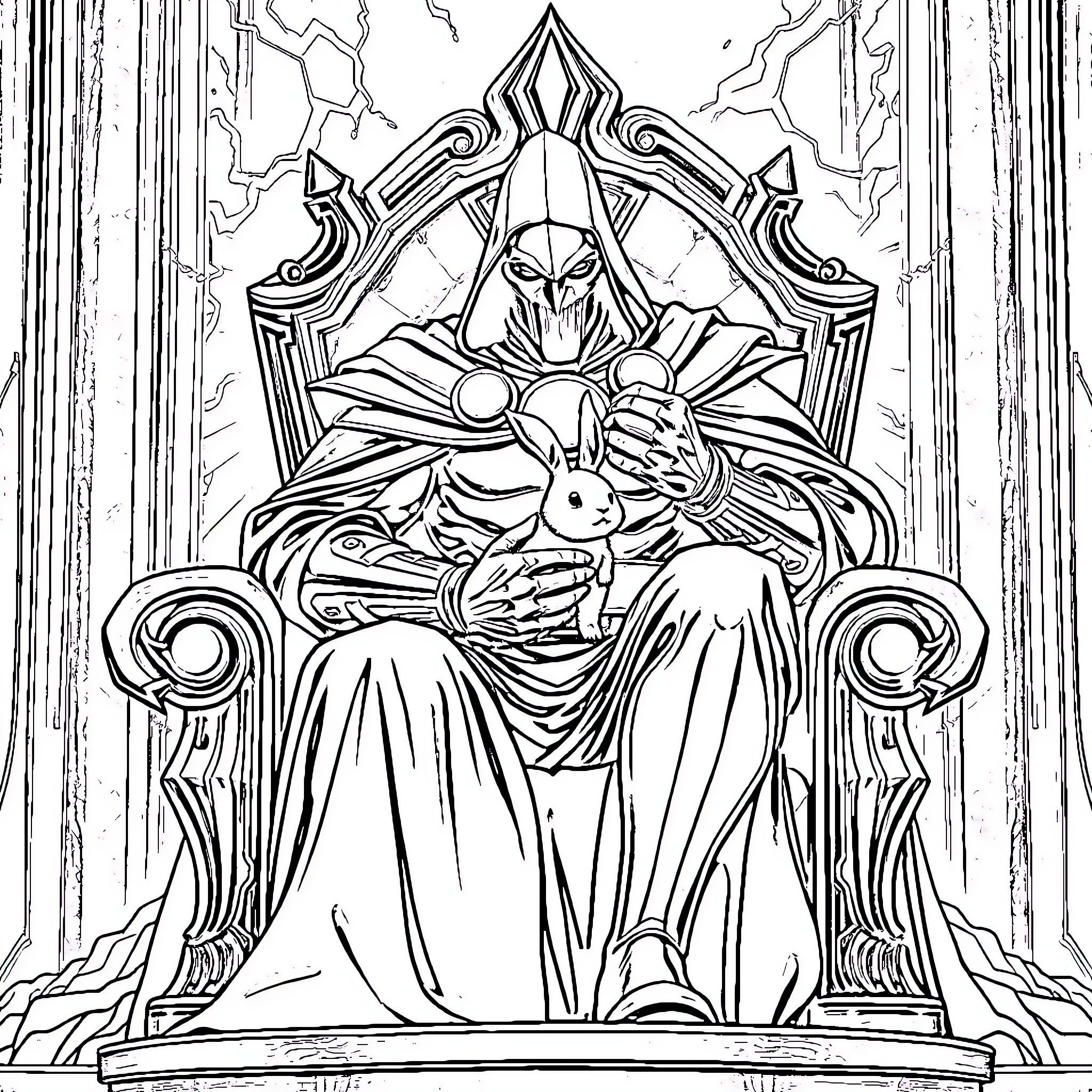 Doctor Doom in a grandiose throne with ornate symbols Coloring Page (free black-and-white line drawing printable PDF for all, from beginners to advanced learners, including children, teens, adults, and seniors)