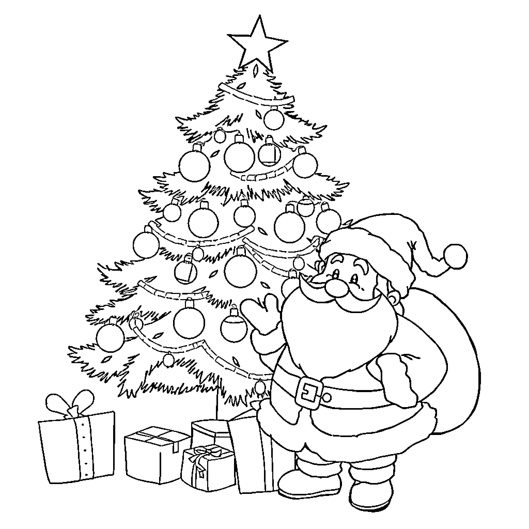 Christmas Tree with Santa and Presents Coloring Page (free black-and-white line drawing printable PDF for all, from beginners to advanced learners, including children, teens, adults, and seniors)