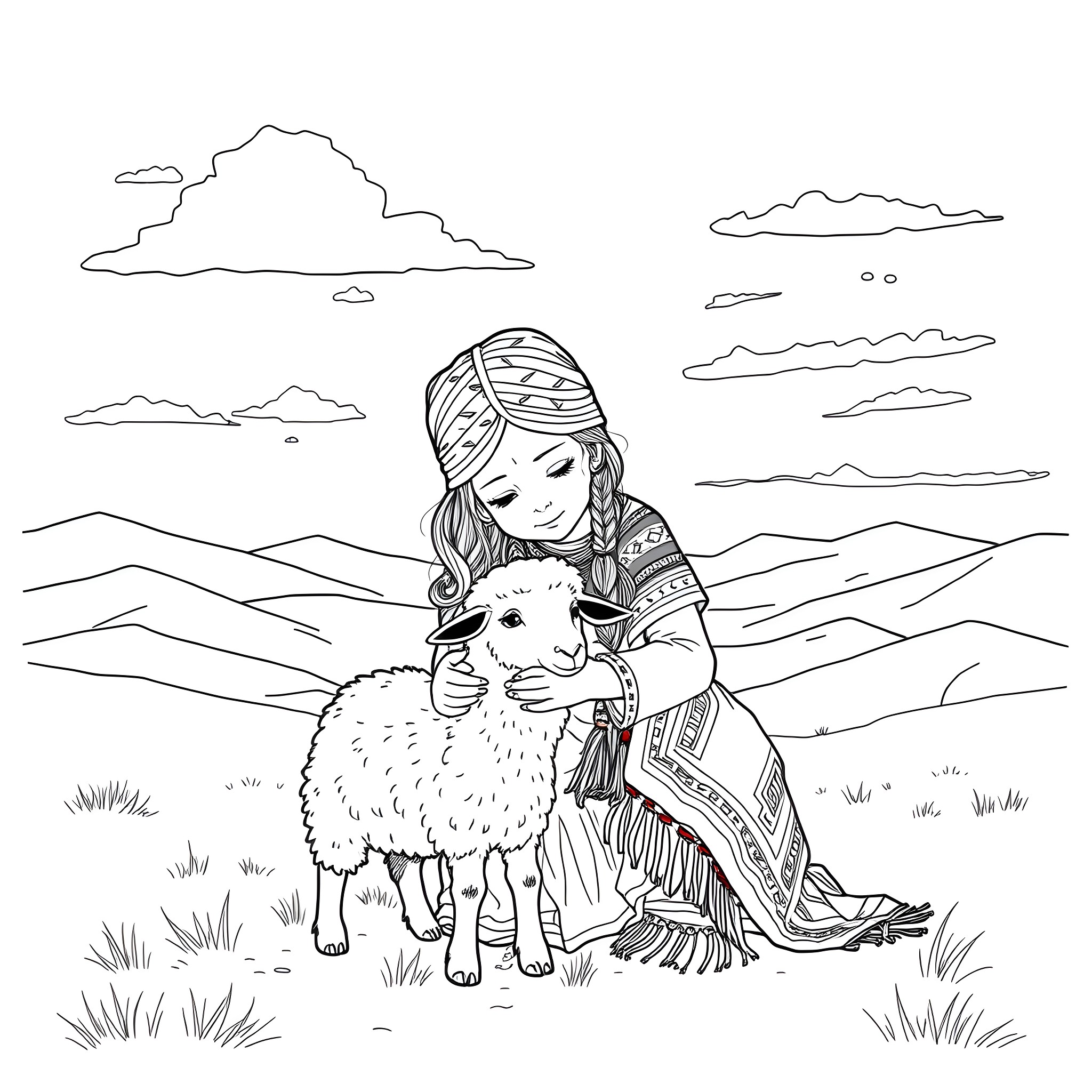 Navajo Girl Embracing Her Sheep in the Vast Landscape Coloring Page (free black-and-white line drawing printable PDF for all, from beginners to advanced learners, including children, teens, adults, and seniors)