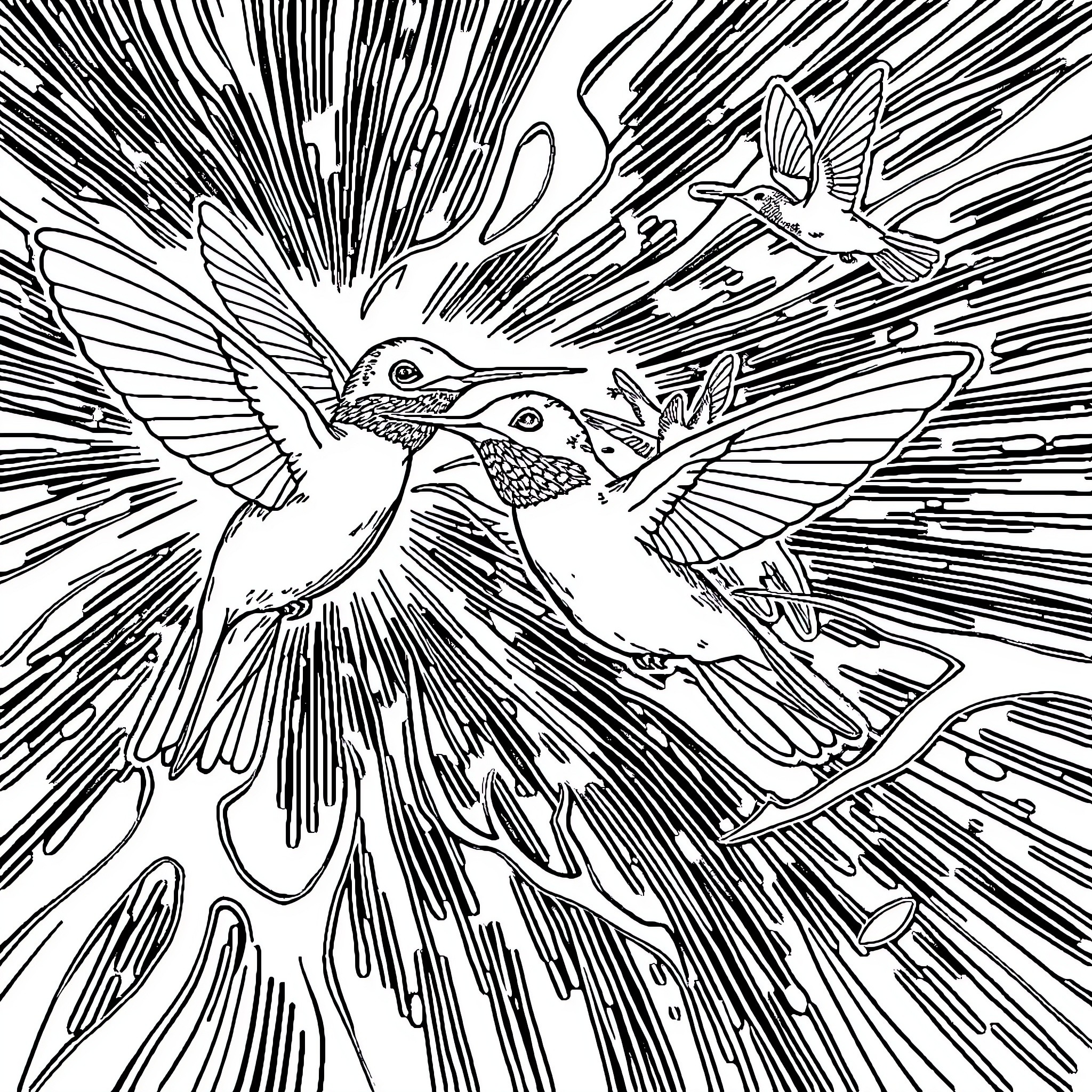 Hummingbirds in dynamic motion Coloring Page (free black-and-white line drawing printable PDF for all, from beginners to advanced learners, including children, teens, adults, and seniors)