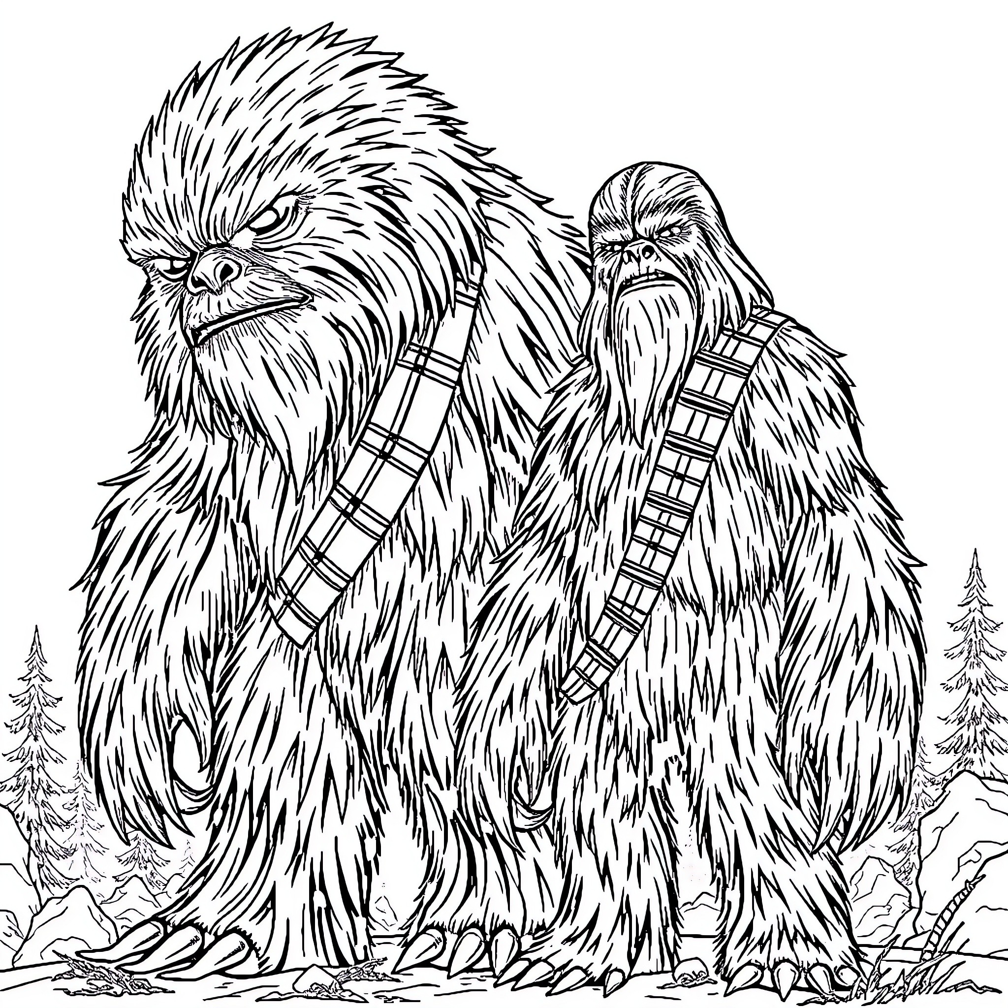 Monster Wookiees in epic wilderness adventure Coloring Page (free black-and-white line drawing printable PDF for all, from beginners to advanced learners, including children, teens, adults, and seniors)