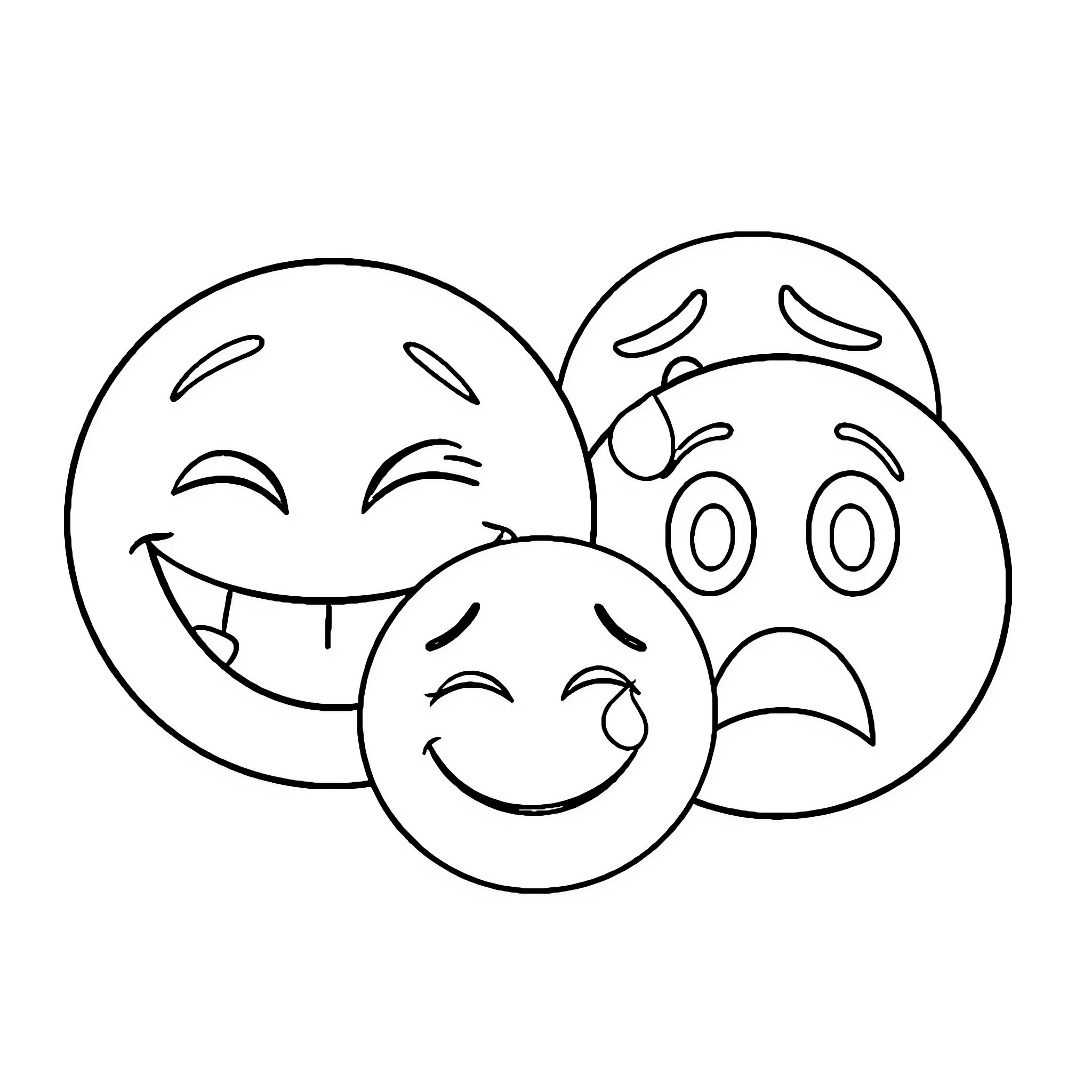 Emoji Expressions of Happiness and Emotion Coloring Page (free black-and-white line drawing printable PDF for all, from beginners to advanced learners, including children, teens, adults, and seniors)