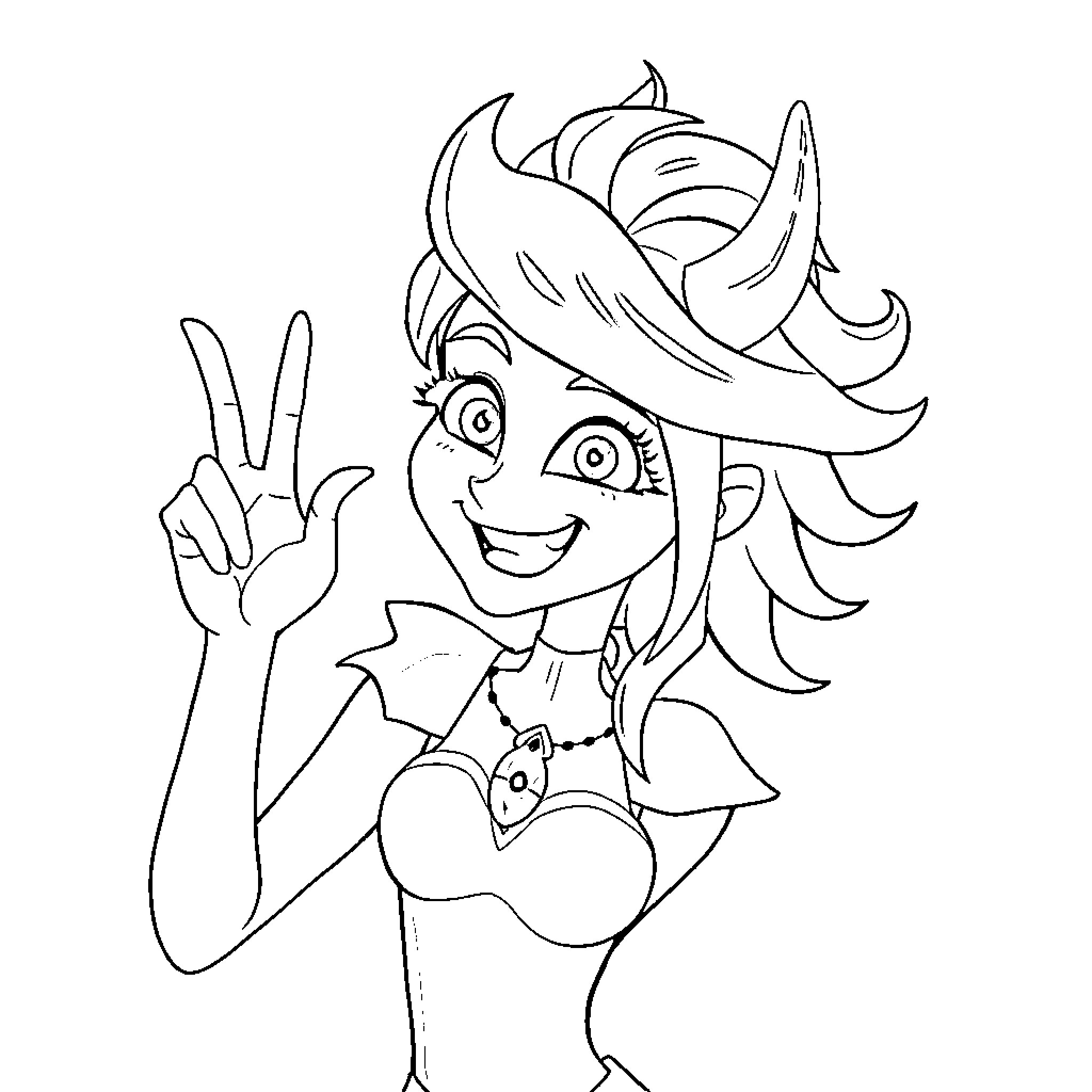 Magical girl making peace sign gesture Coloring Page (free black-and-white line drawing printable PDF for all, from beginners to advanced learners, including children, teens, adults, and seniors)
