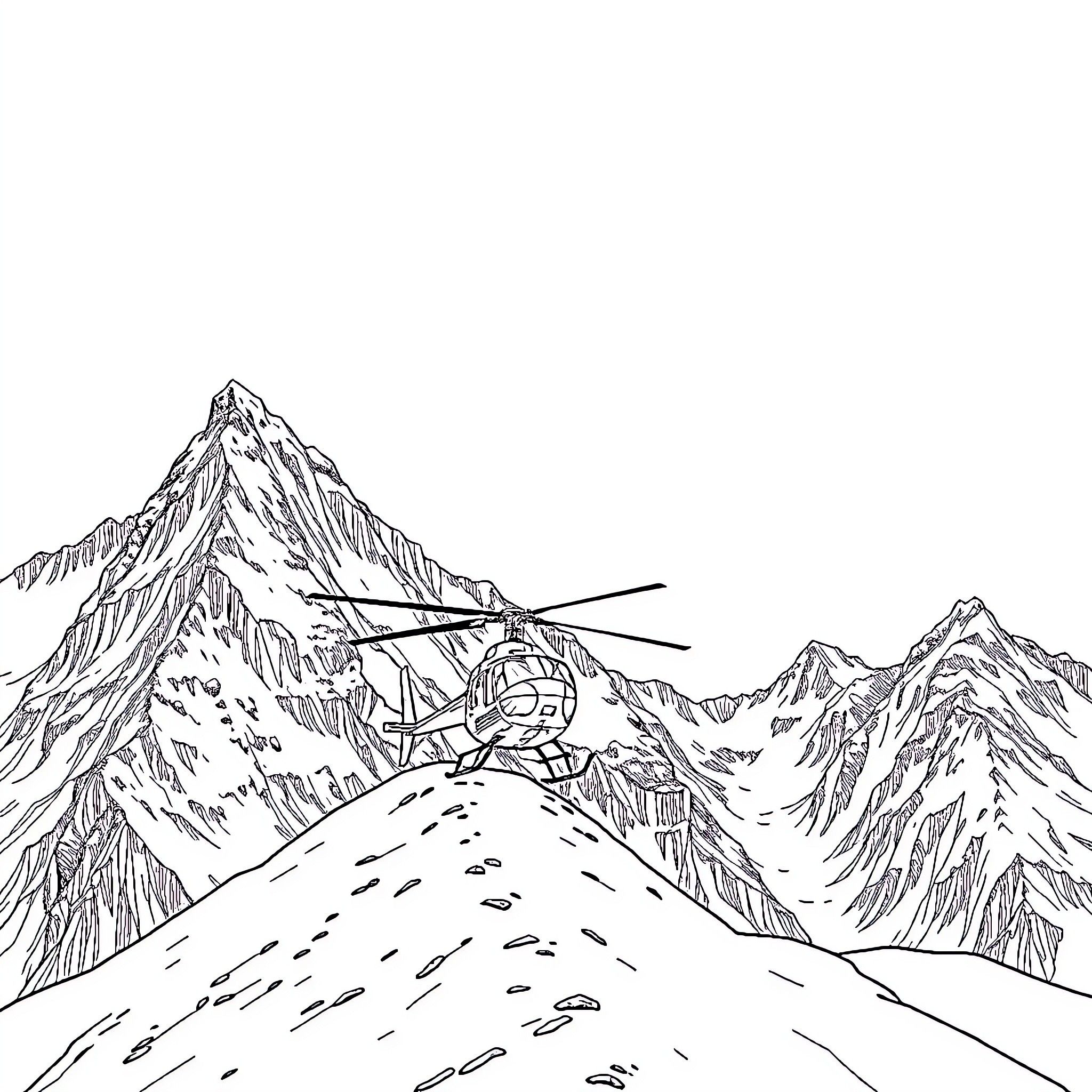 Helicopter soaring over snowy mountain peaks Coloring Page (free black-and-white line drawing printable PDF for all, from beginners to advanced learners, including children, teens, adults, and seniors)