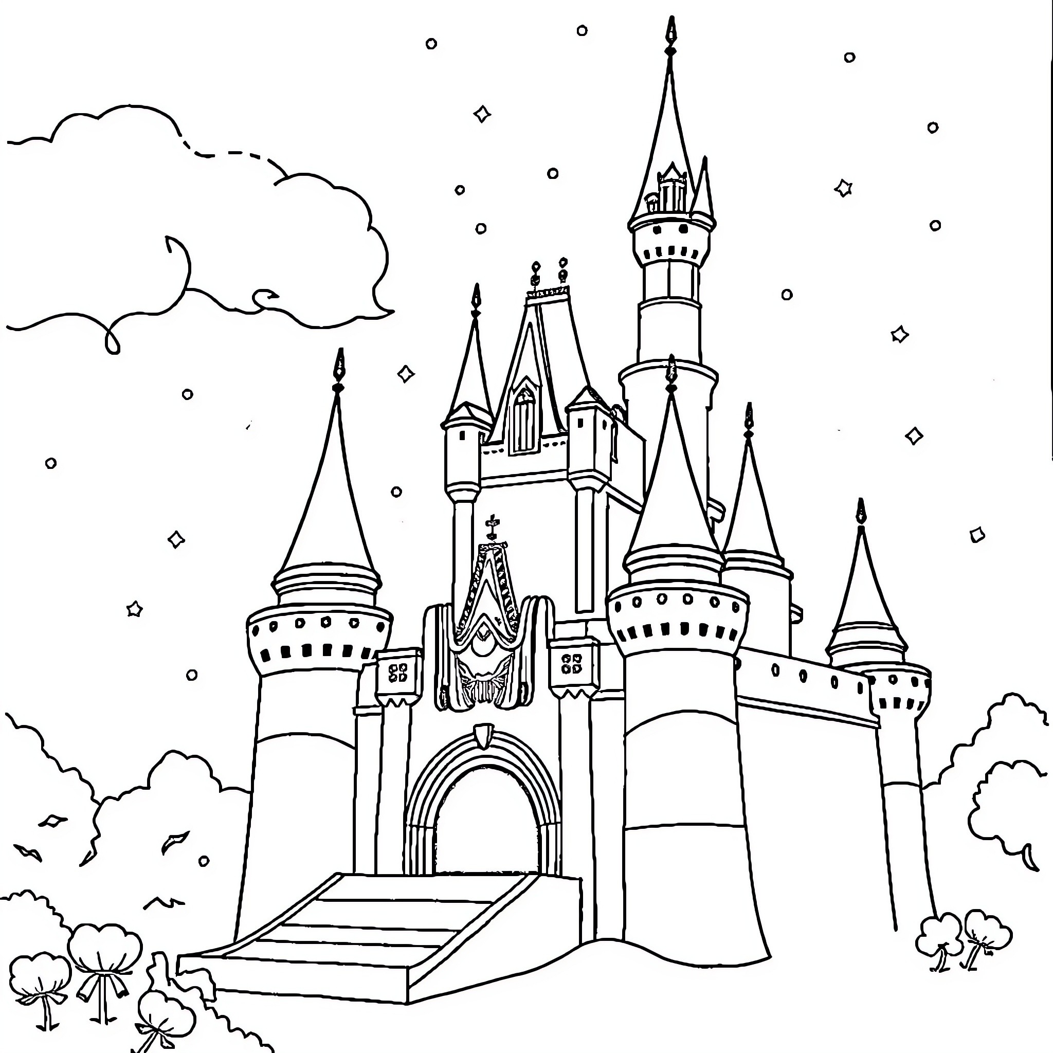 Disney Magical Castle with Enchanting Spires and Details Coloring Page (free black-and-white line drawing printable PDF for all, from beginners to advanced learners, including children, teens, adults, and seniors)