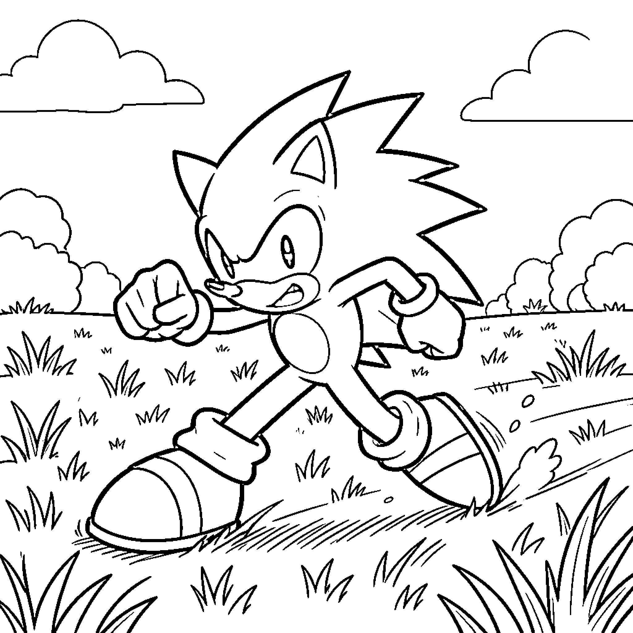 Sonic running fast through a grassy field Coloring Page (free black-and-white line drawing printable PDF for all, from beginners to advanced learners, including children, teens, adults, and seniors)