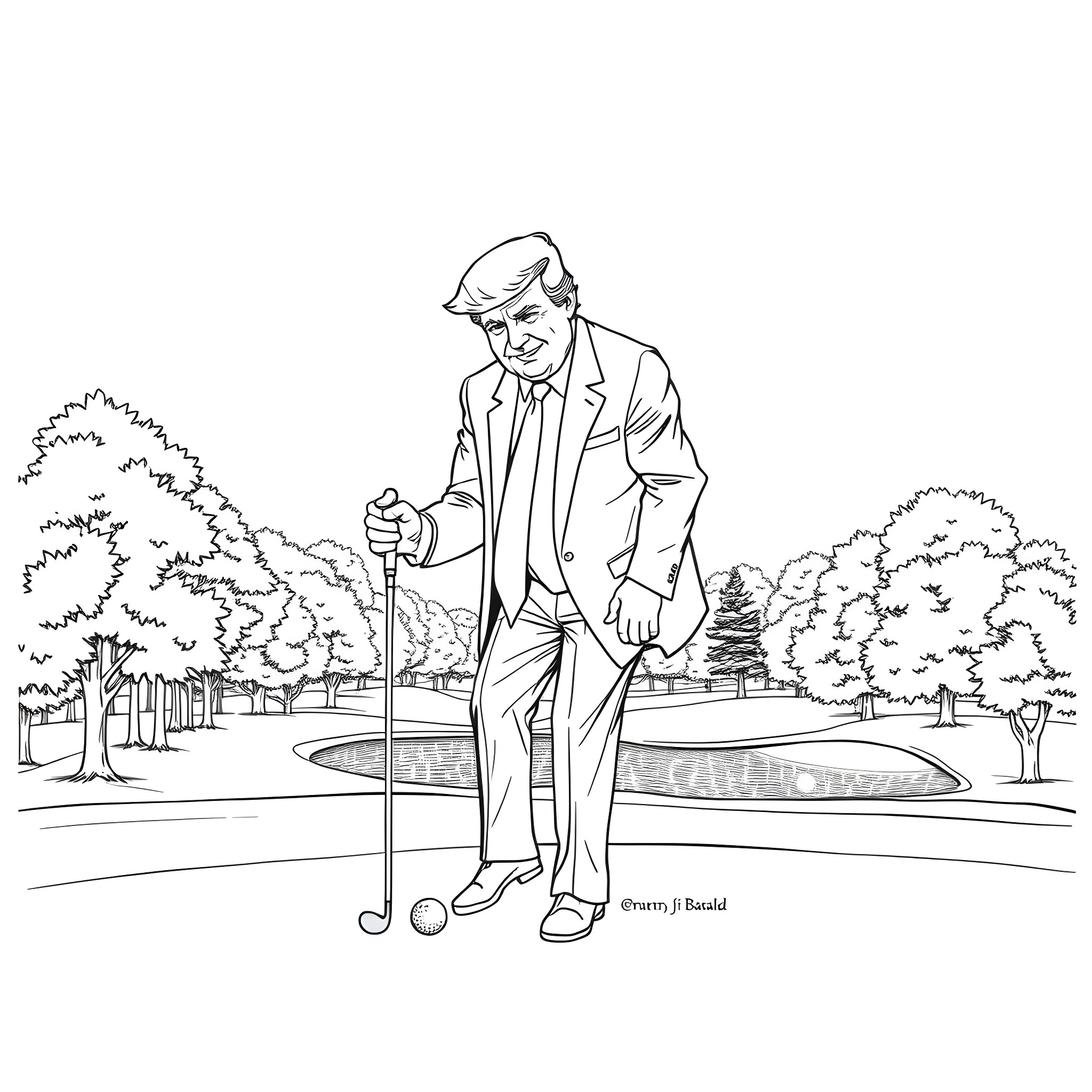 Donald Trump playing golf in a park landscape Coloring Page (free black-and-white line drawing printable PDF for all, from beginners to advanced learners, including children, teens, adults, and seniors)