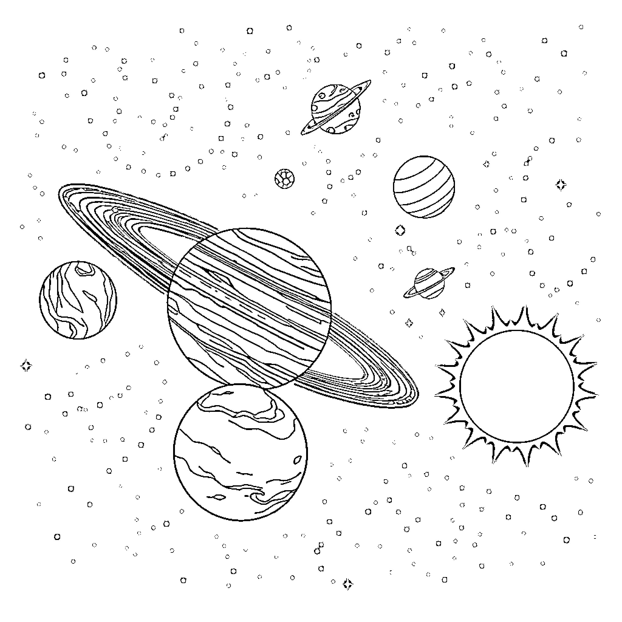 Solar System with Planets, Stars, and Celestial Bodies Coloring Page (free black-and-white line drawing printable PDF for all, from beginners to advanced learners, including children, teens, adults, and seniors)