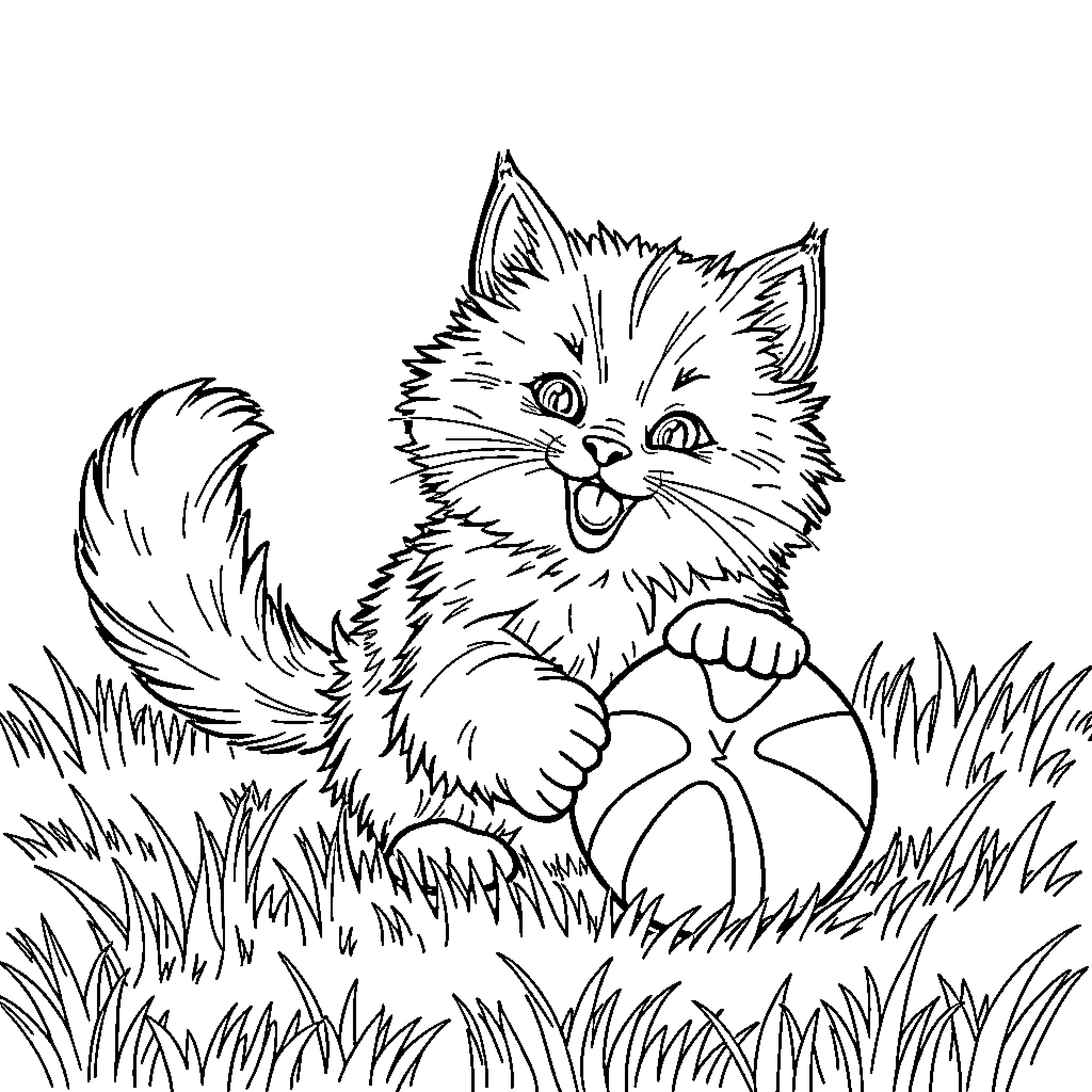 Cat playing joyfully with ball in grassy field Coloring Page (free black-and-white line drawing printable PDF for all, from beginners to advanced learners, including children, teens, adults, and seniors)