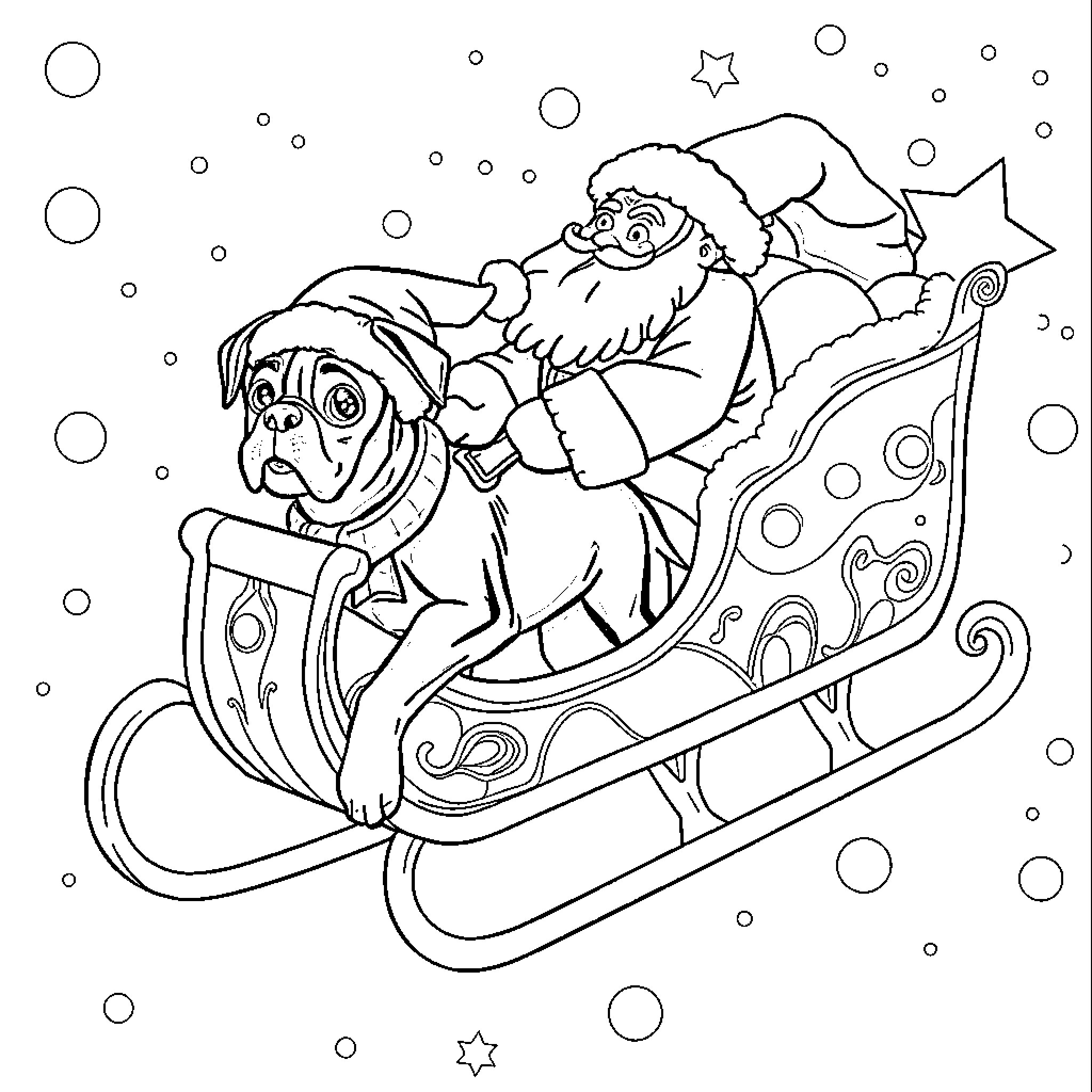 Boxer riding a sleigh with a Santa figure Coloring Page (free black-and-white line drawing printable PDF for all, from beginners to advanced learners, including children, teens, adults, and seniors)