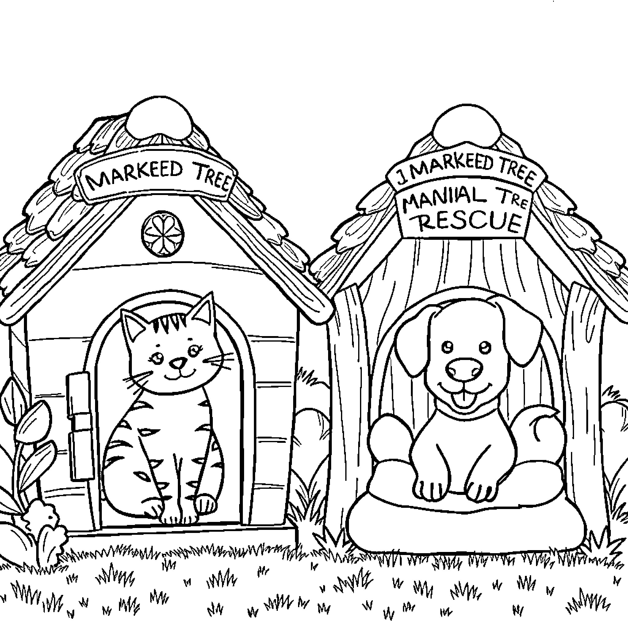 Cat and Dog at Animal Rescue Center Coloring Page (free black-and-white line drawing printable PDF for all, from beginners to advanced learners, including children, teens, adults, and seniors)