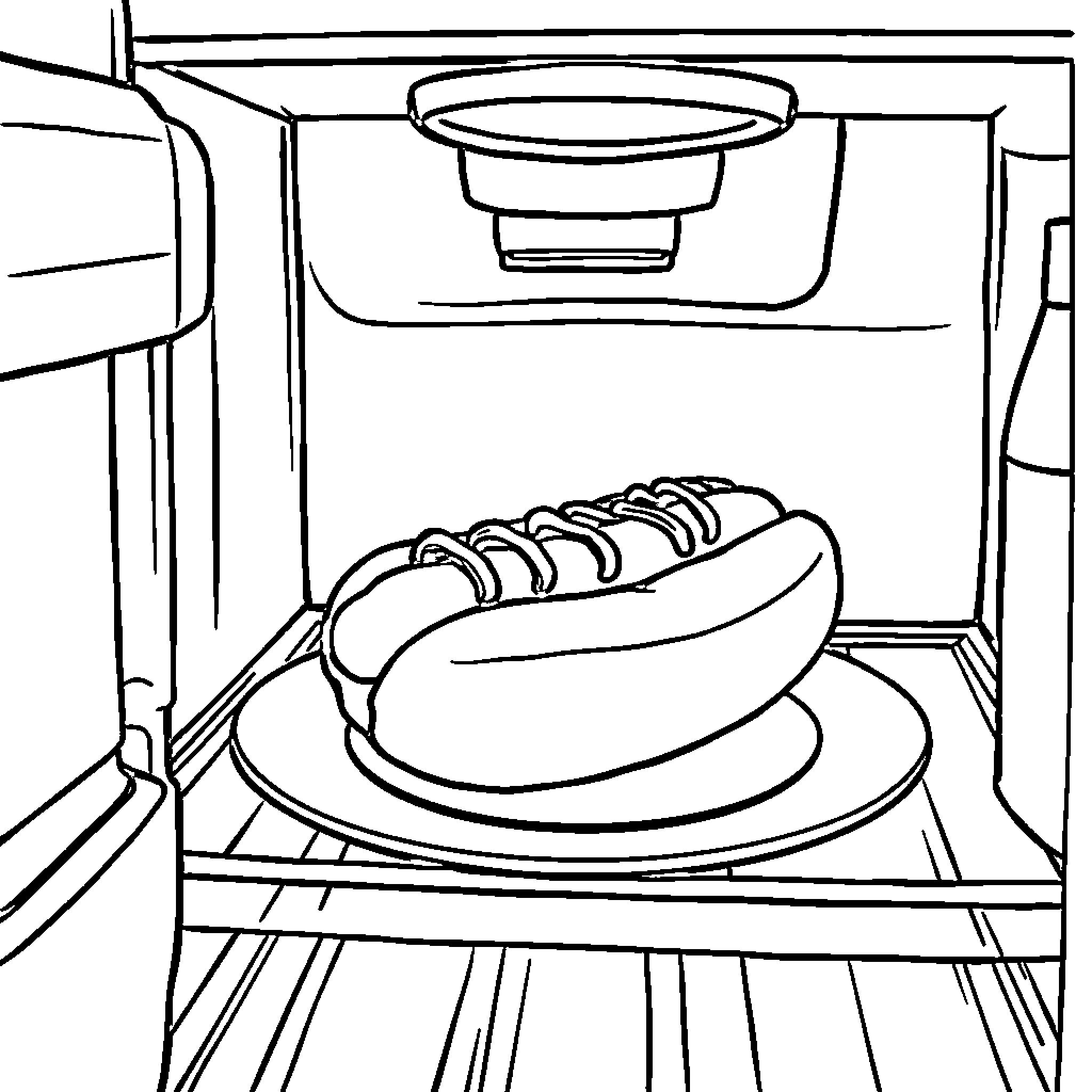Hotdog cooking in a microwave oven Coloring Page (free black-and-white line drawing printable PDF for all, from beginners to advanced learners, including children, teens, adults, and seniors)