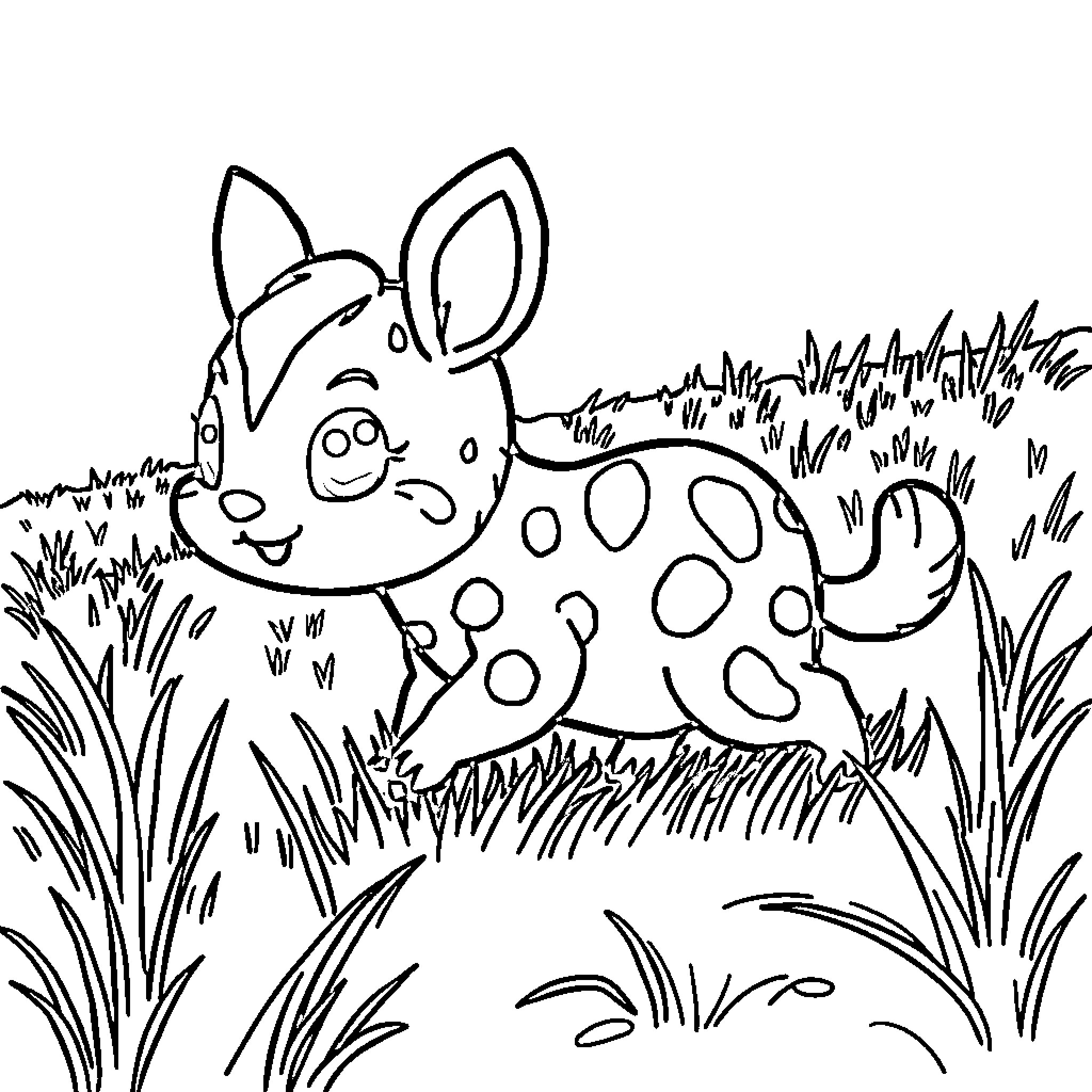 Labubu the playful spotted creature in the meadow Coloring Page (free black-and-white line drawing printable PDF for all, from beginners to advanced learners, including children, teens, adults, and seniors)