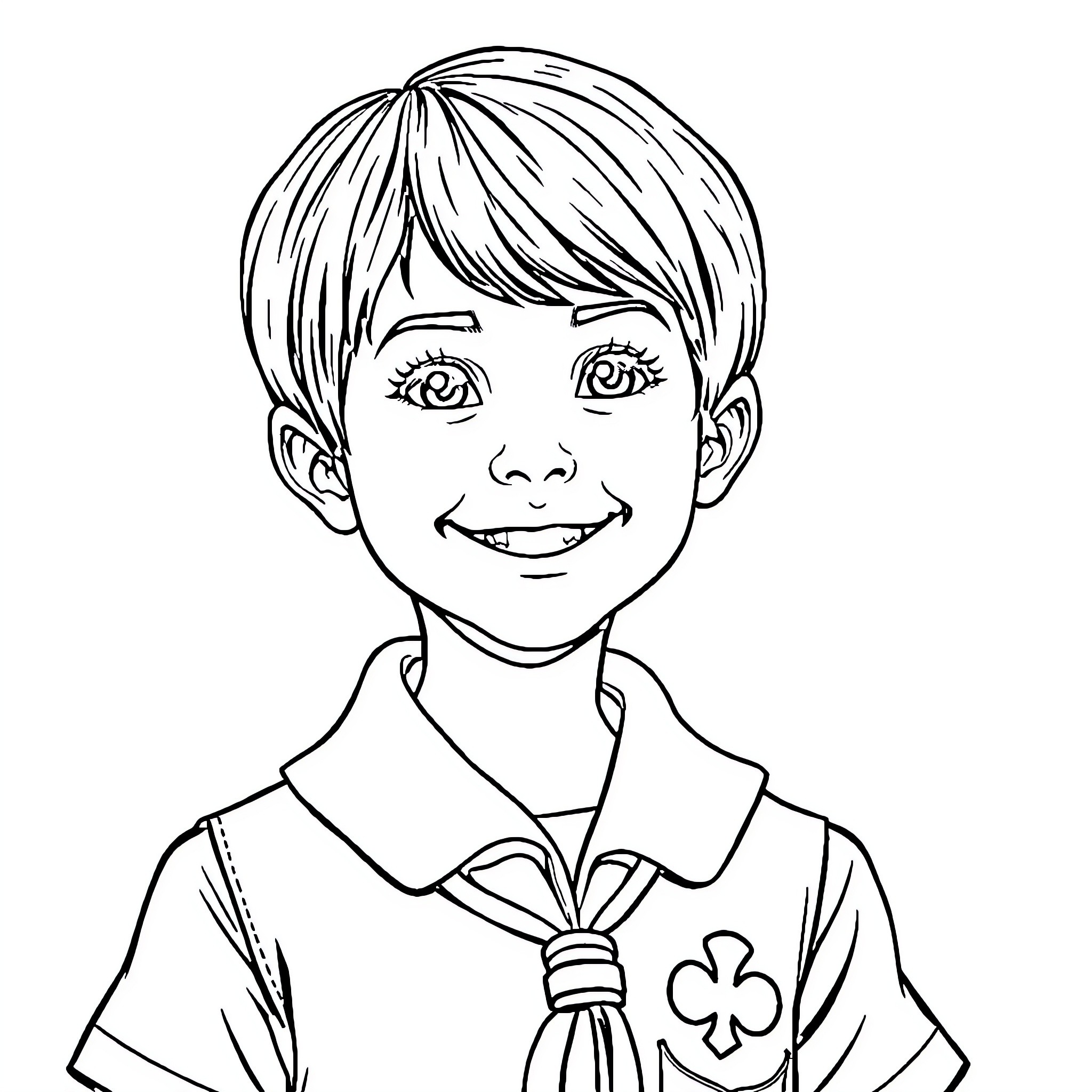 Girl Scout smiling happily in uniform Coloring Page (free black-and-white line drawing printable PDF for all, from beginners to advanced learners, including children, teens, adults, and seniors)