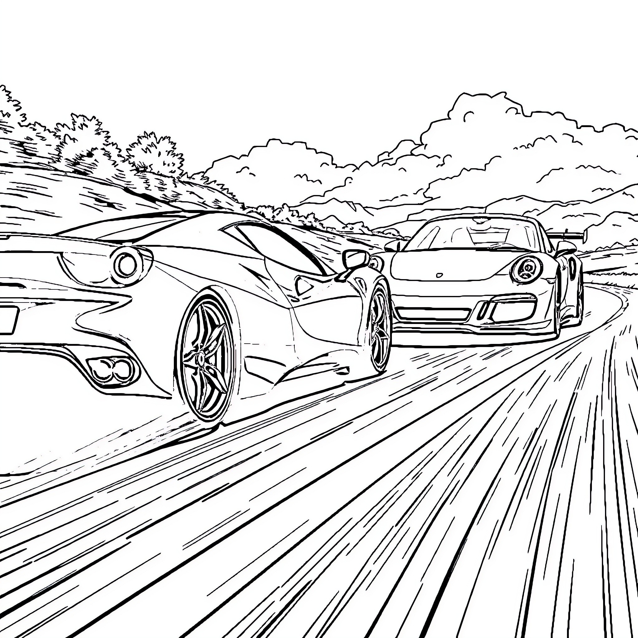 Ferrari Supercars Racing on Scenic Mountain Road Coloring Page (free black-and-white line drawing printable PDF for all, from beginners to advanced learners, including children, teens, adults, and seniors)