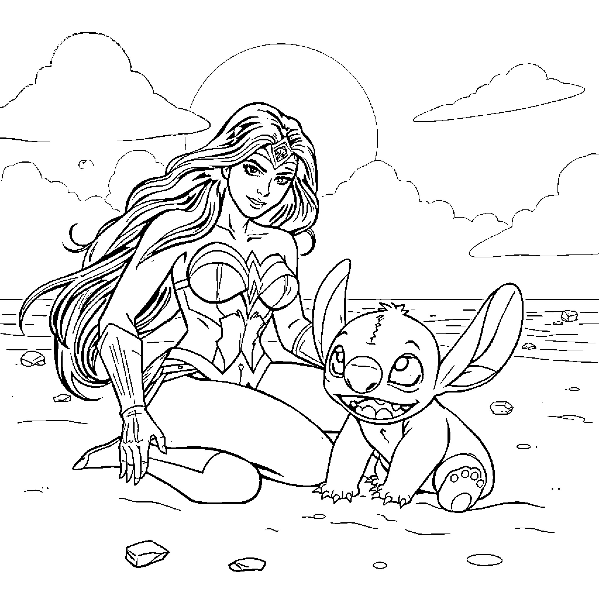 Wonder Woman and Stitch on the Beach Coloring Page (free black-and-white line drawing printable PDF for all, from beginners to advanced learners, including children, teens, adults, and seniors)