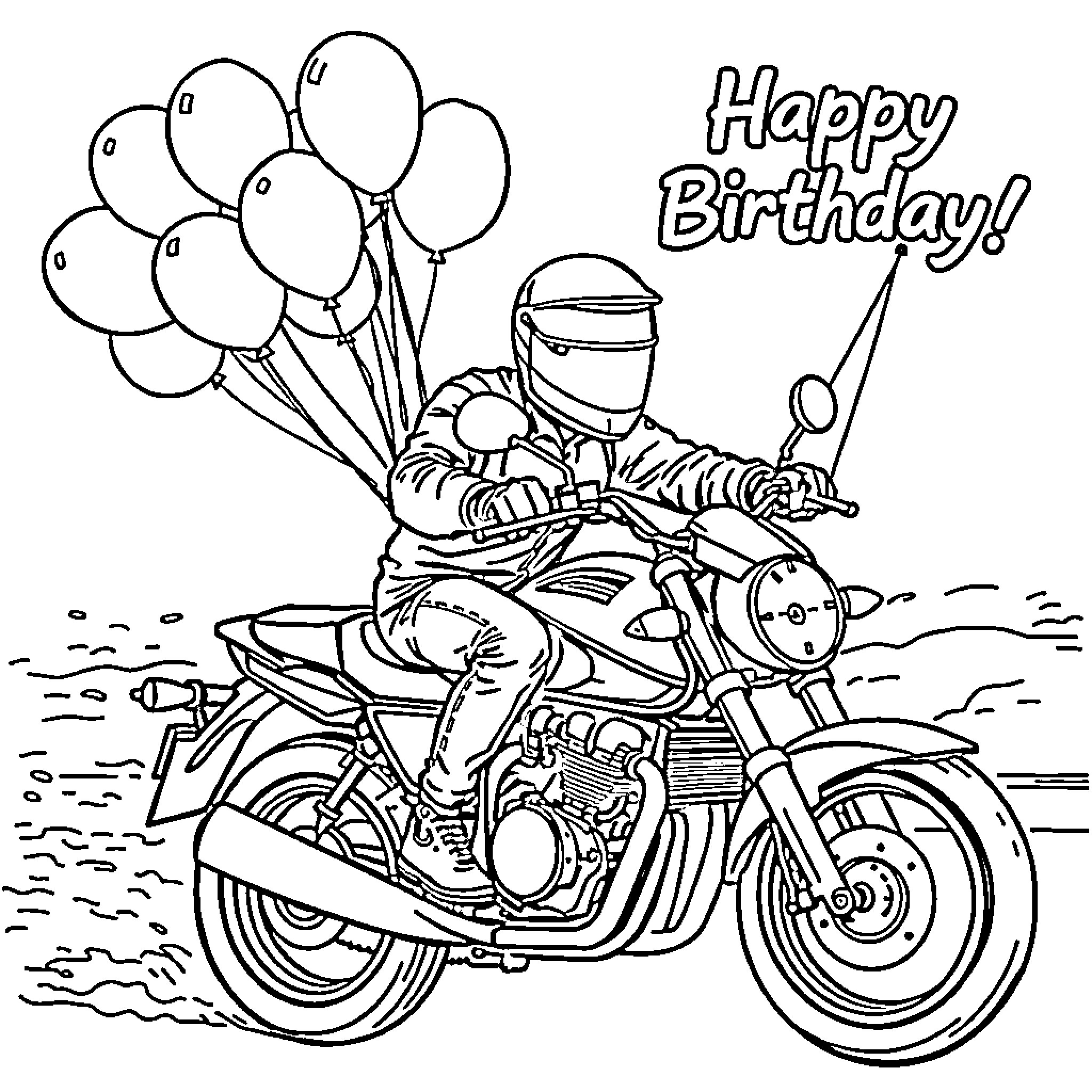Man riding motorcycle with colorful balloons Coloring Page (free black-and-white line drawing printable PDF for all, from beginners to advanced learners, including children, teens, adults, and seniors)