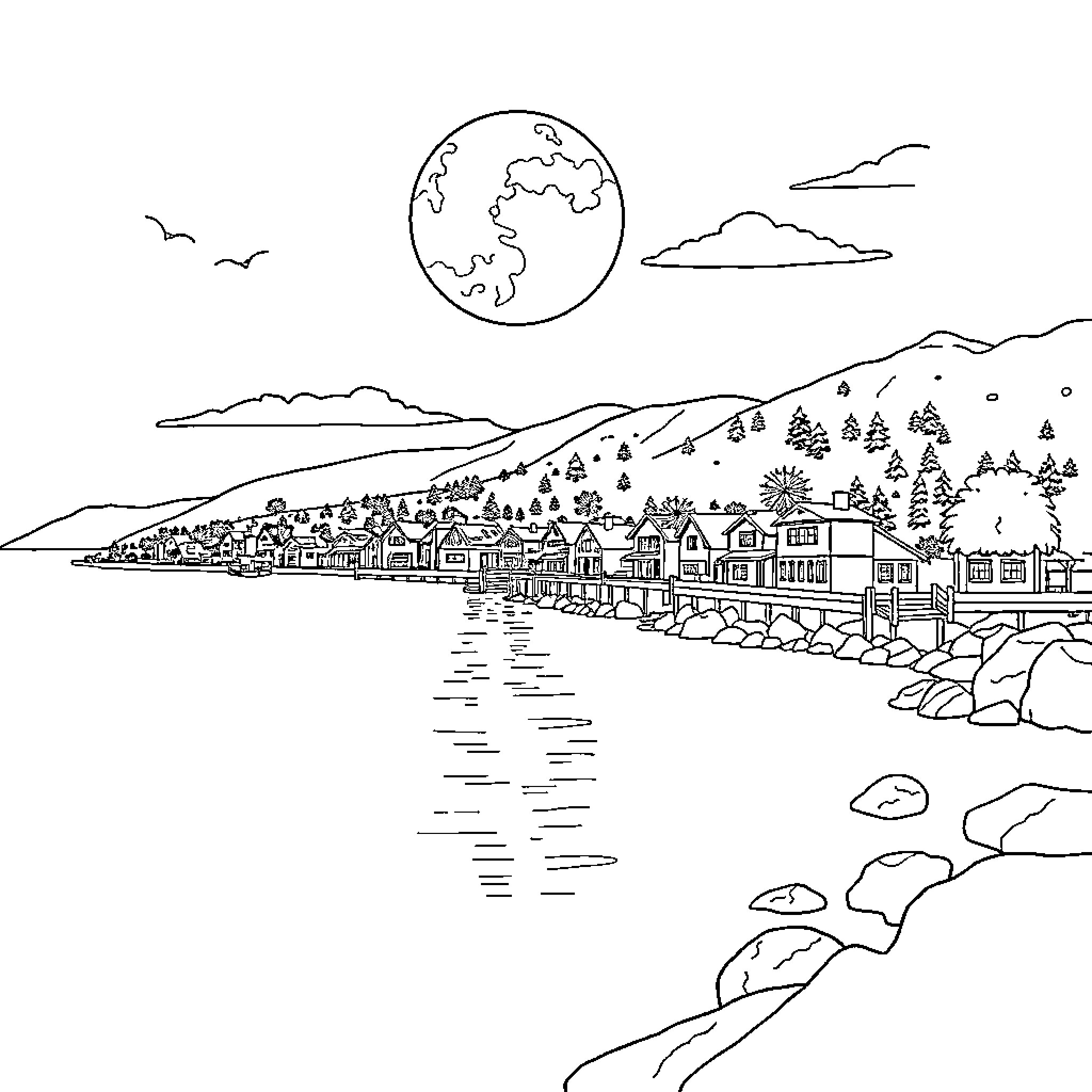 Town by the lake with mountains in the background Coloring Page (free black-and-white line drawing printable PDF for all, from beginners to advanced learners, including children, teens, adults, and seniors)