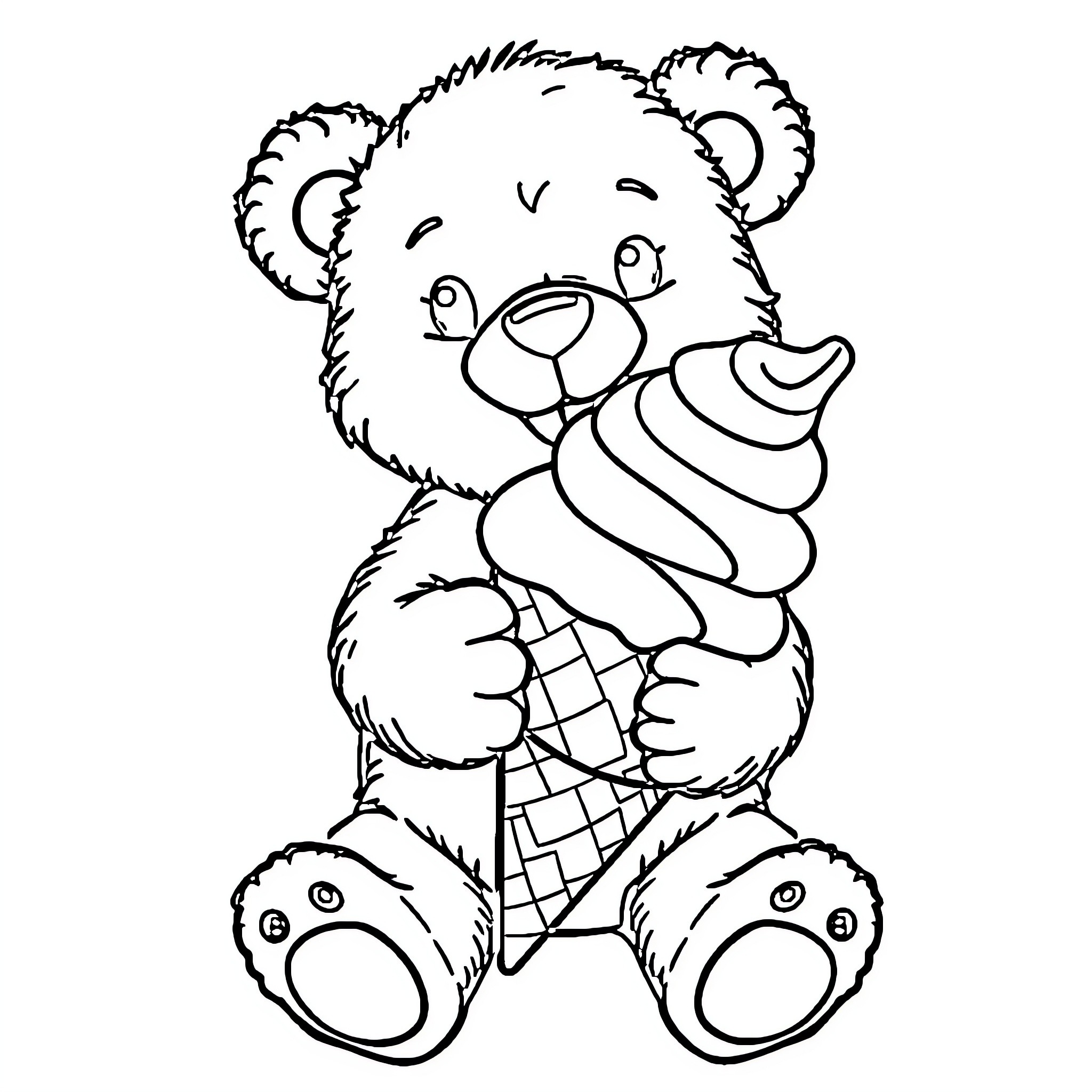 Teddy Bear enjoying an ice cream cone Coloring Page (free black-and-white line drawing printable PDF for all, from beginners to advanced learners, including children, teens, adults, and seniors)