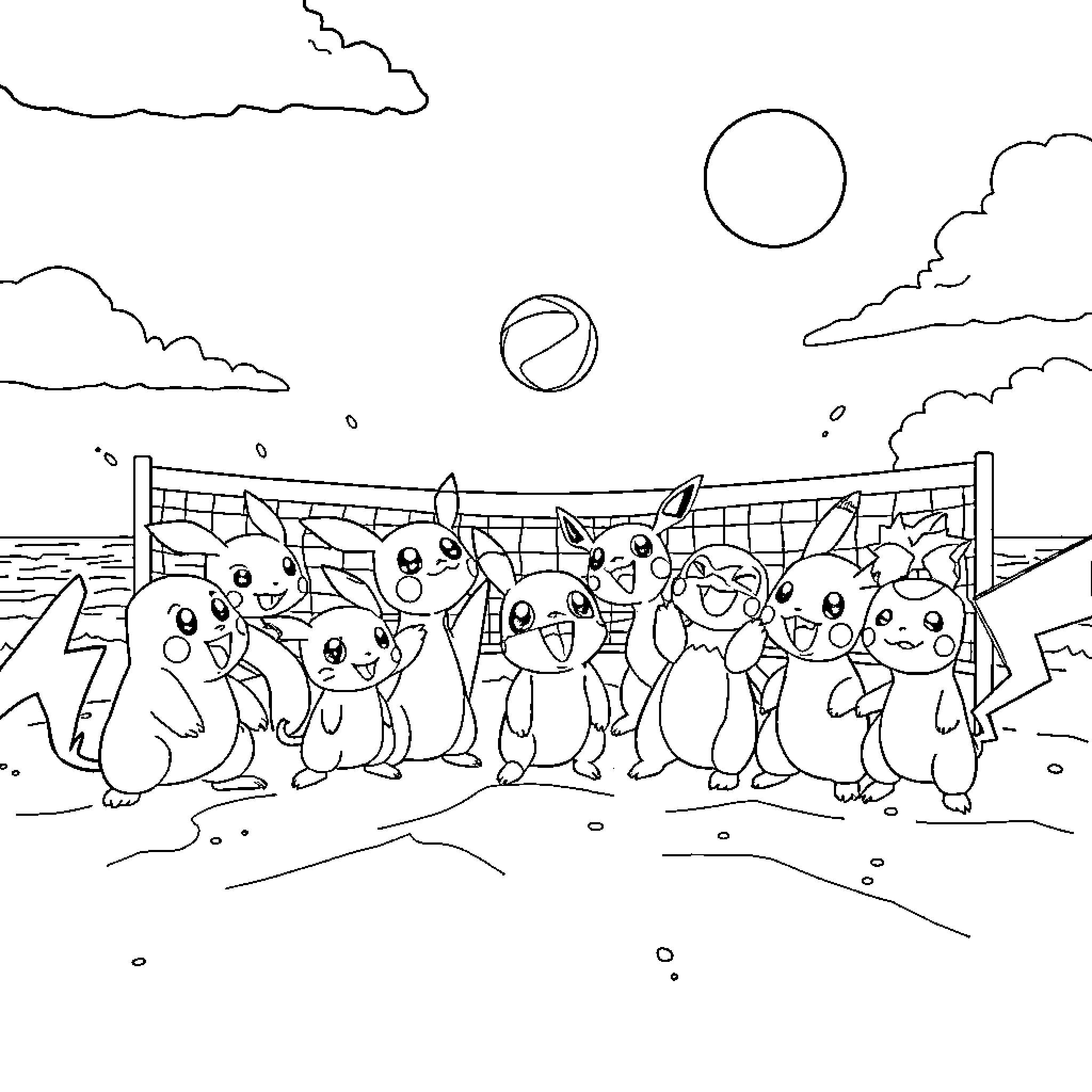 Pokémon playing volleyball on the beach Coloring Page (free black-and-white line drawing printable PDF for all, from beginners to advanced learners, including children, teens, adults, and seniors)