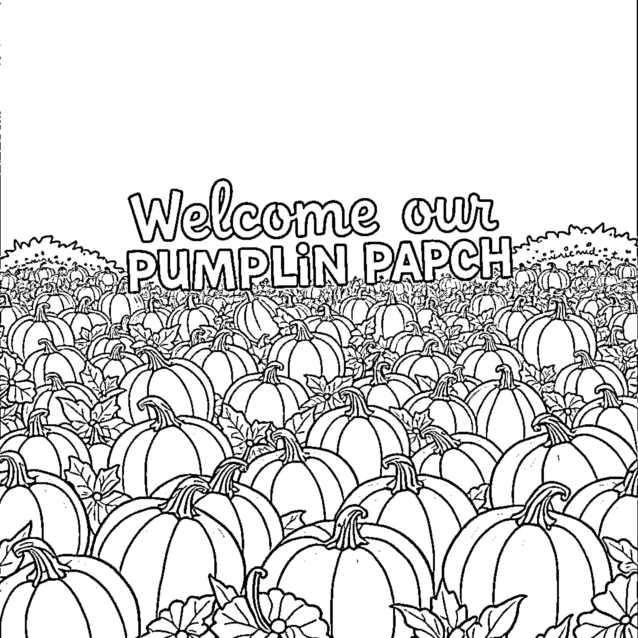 Pumpkin patch welcomes visitors with sign Coloring Page (free black-and-white line drawing printable PDF for all, from beginners to advanced learners, including children, teens, adults, and seniors)