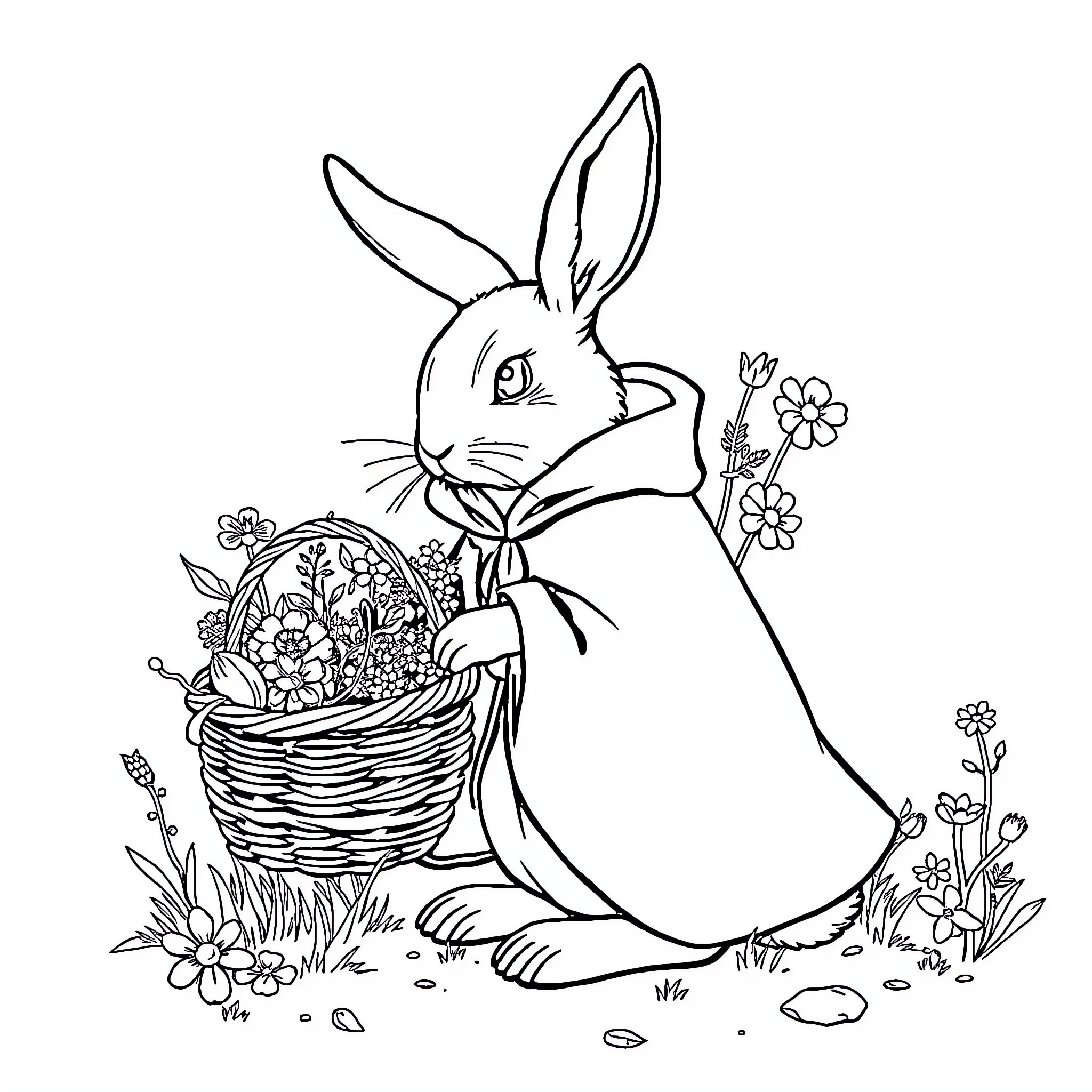 Rabbit carrying a basket of flowers in a meadow Coloring Page (free black-and-white line drawing printable PDF for all, from beginners to advanced learners, including children, teens, adults, and seniors)
