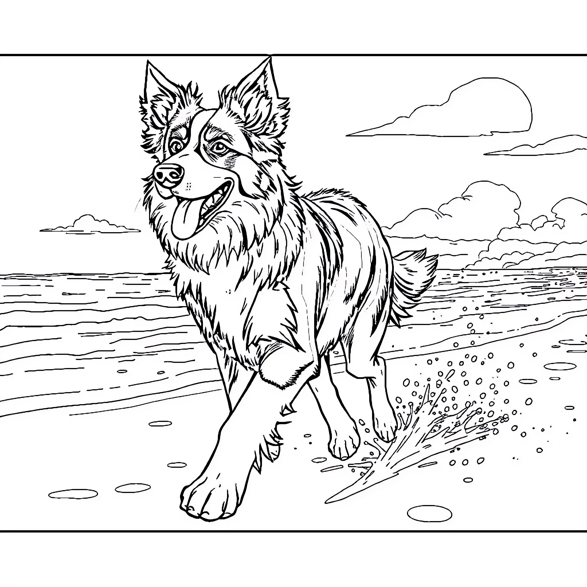 Border Collie running happily on the beach Coloring Page (free black-and-white line drawing printable PDF for all, from beginners to advanced learners, including children, teens, adults, and seniors)