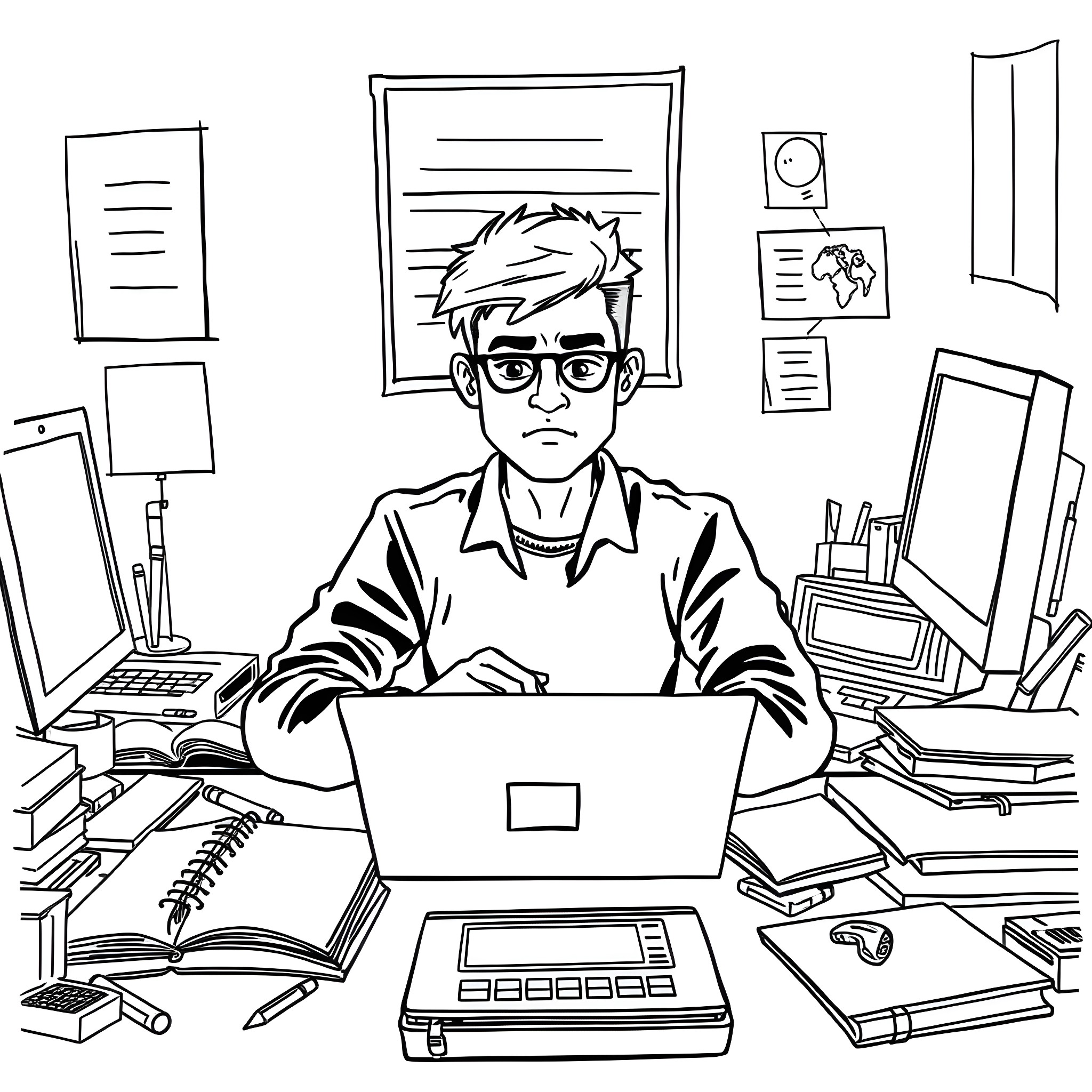 Guy studying diligently at messy desk with laptop Coloring Page (free black-and-white line drawing printable PDF for all, from beginners to advanced learners, including children, teens, adults, and seniors)