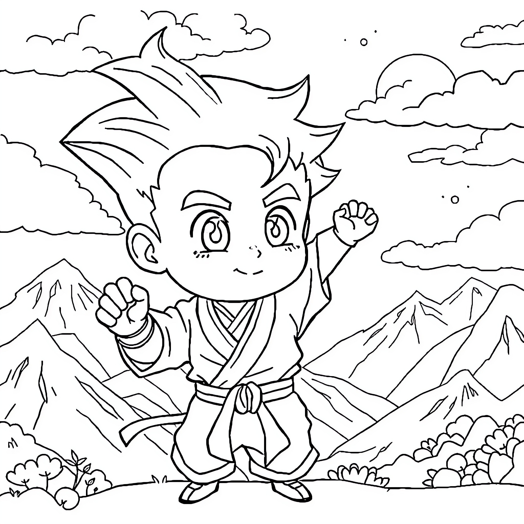 Garçon martial arts warrior in the mountains Coloring Page (free black-and-white line drawing printable PDF for all, from beginners to advanced learners, including children, teens, adults, and seniors)