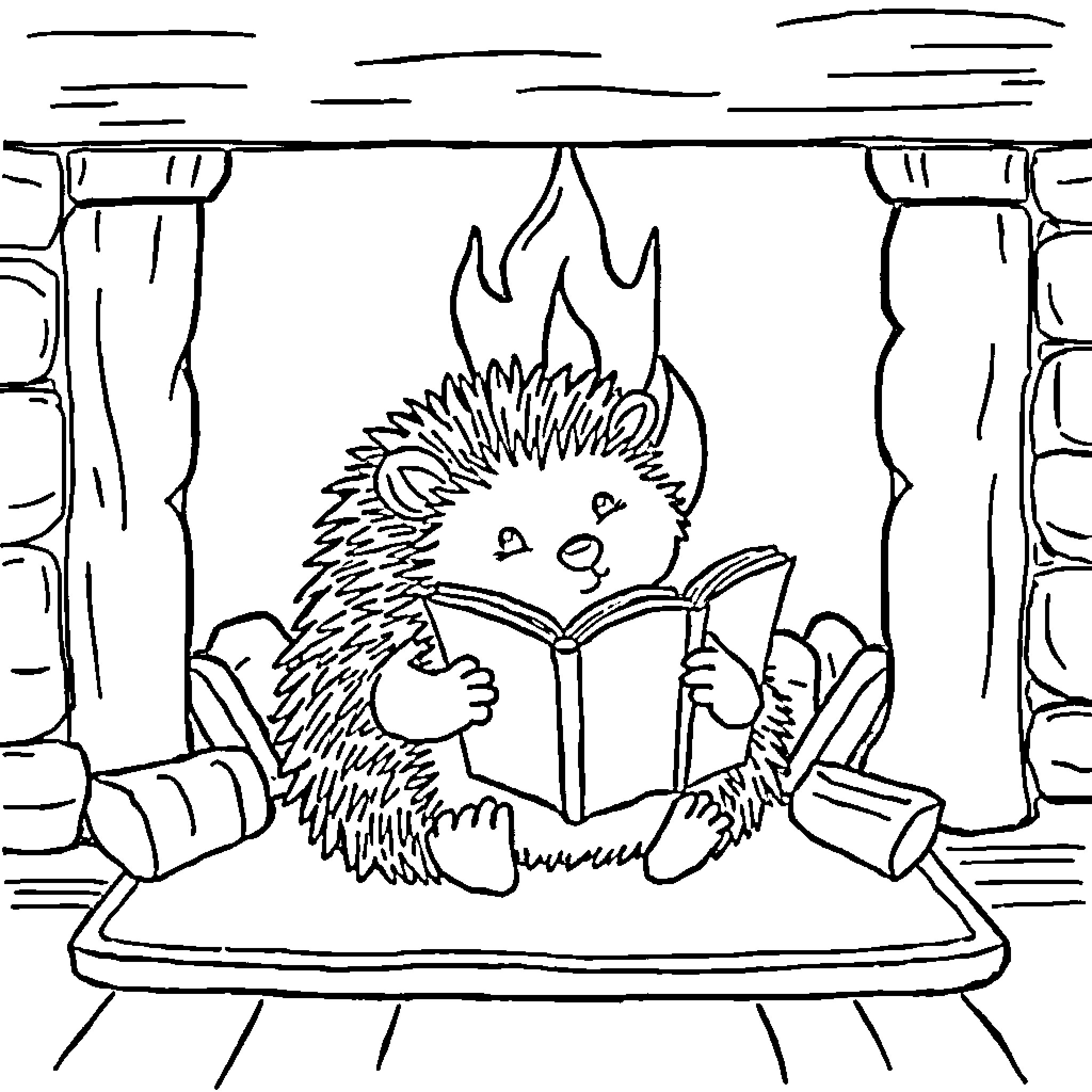 Hedgehog reading book by cozy fireplace Coloring Page (free black-and-white line drawing printable PDF for all, from beginners to advanced learners, including children, teens, adults, and seniors)