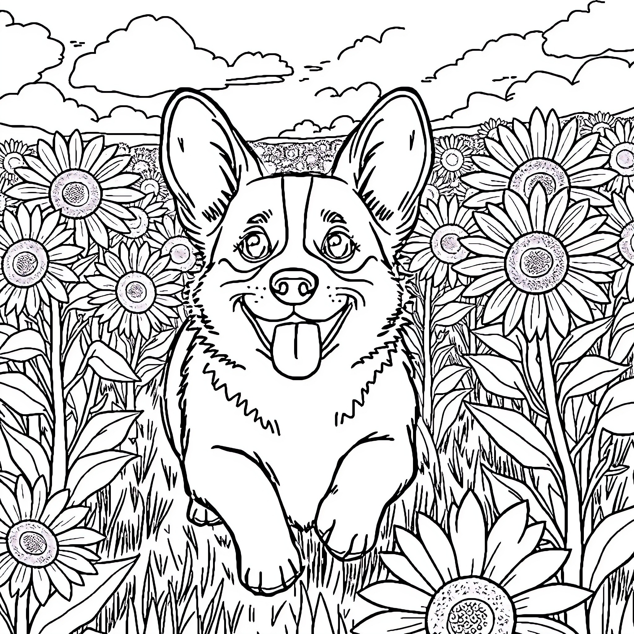 Corgi playing happily in a sunflower field Coloring Page (free black-and-white line drawing printable PDF for all, from beginners to advanced learners, including children, teens, adults, and seniors)