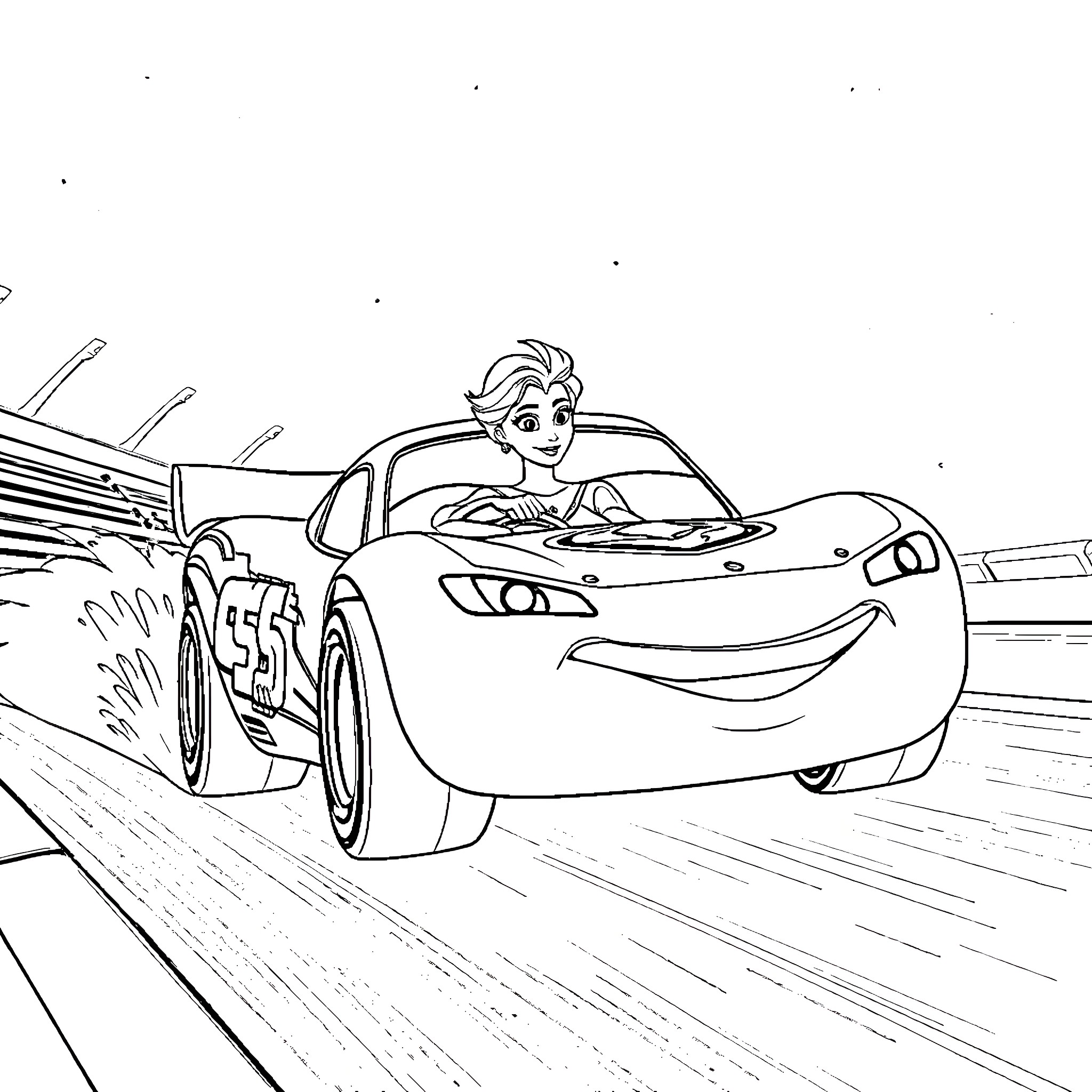 Queen Elsa's Thrilling Race in a Speeding Car Coloring Page (free black-and-white line drawing printable PDF for all, from beginners to advanced learners, including children, teens, adults, and seniors)