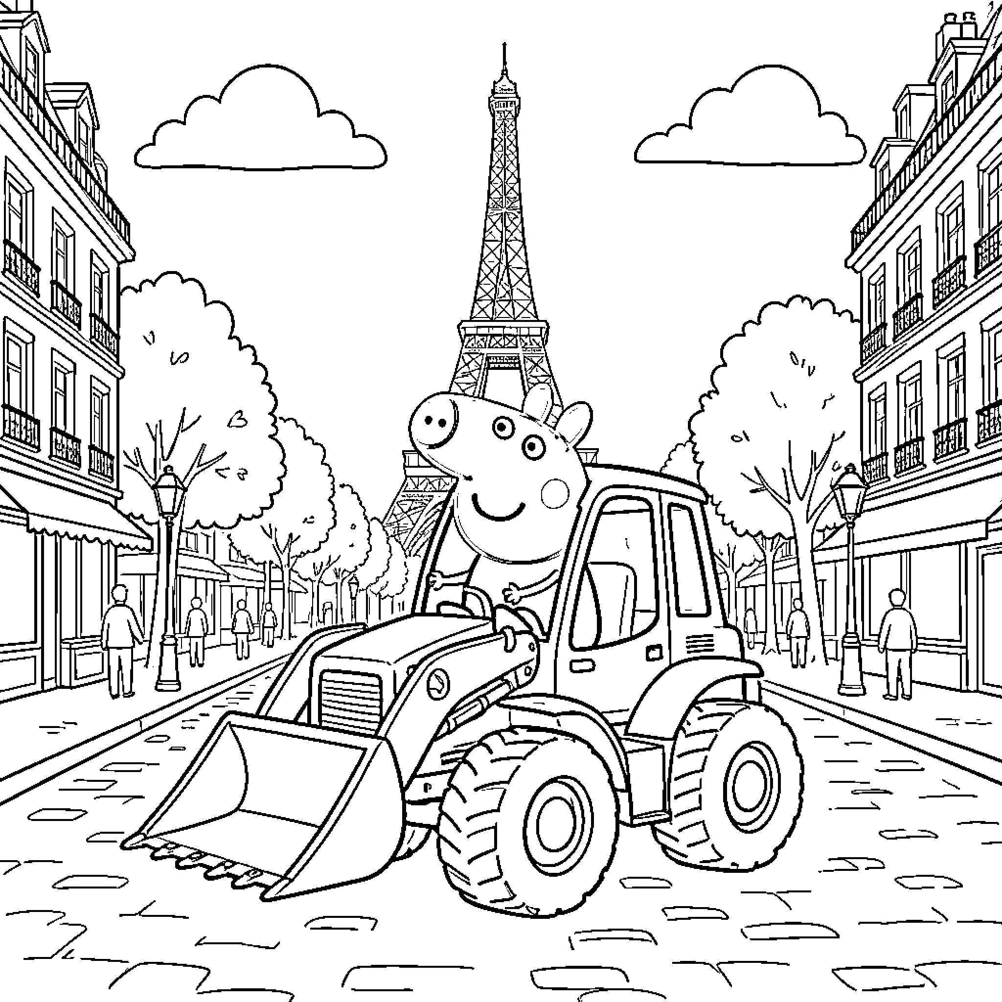 Peppa Pig's Parisian Adventure with Tractor Coloring Page (free black-and-white line drawing printable PDF for all, from beginners to advanced learners, including children, teens, adults, and seniors)