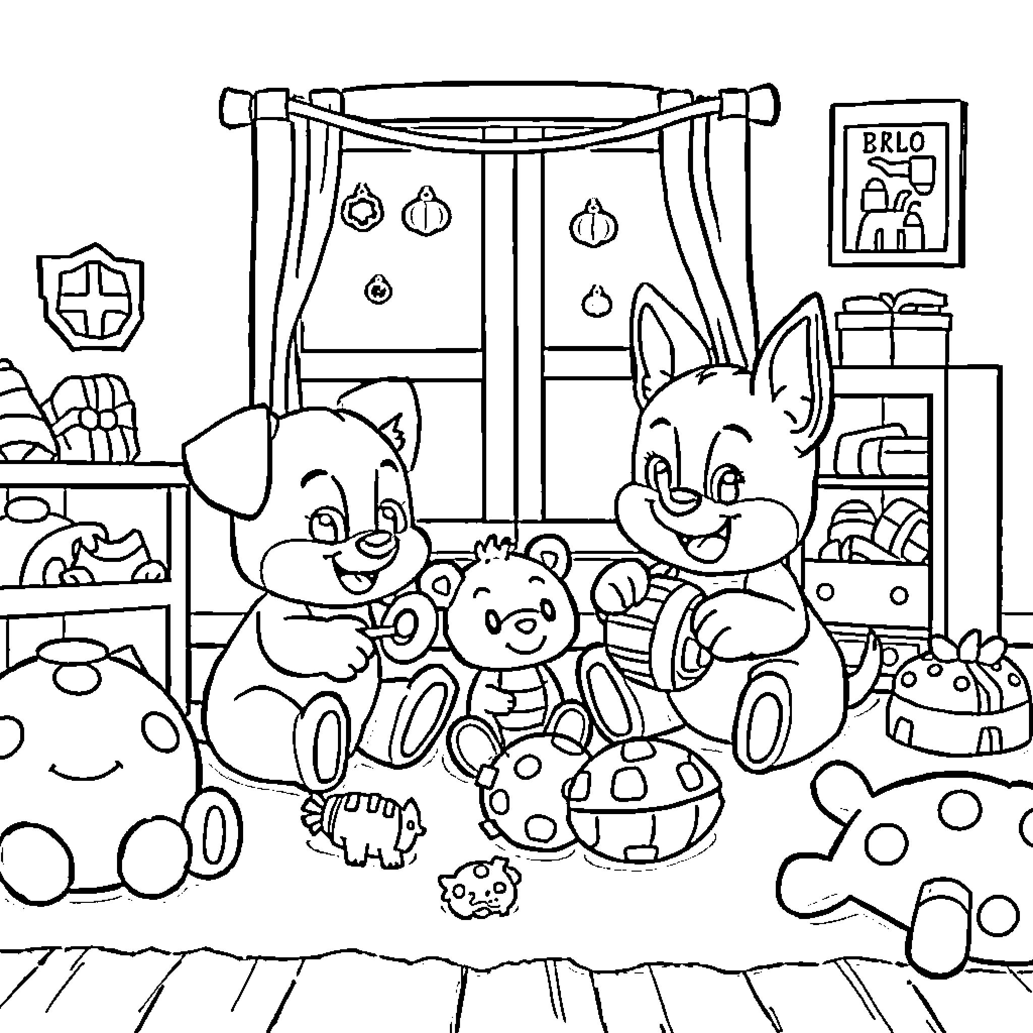Bluey and friends explore their playroom Coloring Page (free black-and-white line drawing printable PDF for all, from beginners to advanced learners, including children, teens, adults, and seniors)