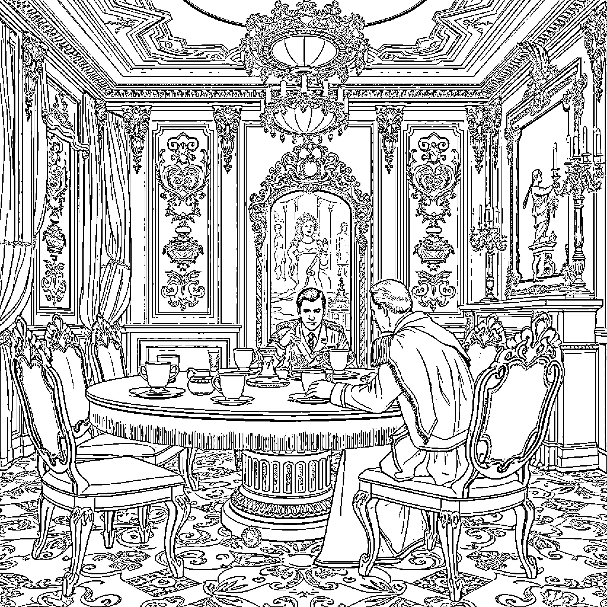 King Presides over Formal Dinner in Ornate Royal Chamber Coloring Page (free black-and-white line drawing printable PDF for all, from beginners to advanced learners, including children, teens, adults, and seniors)