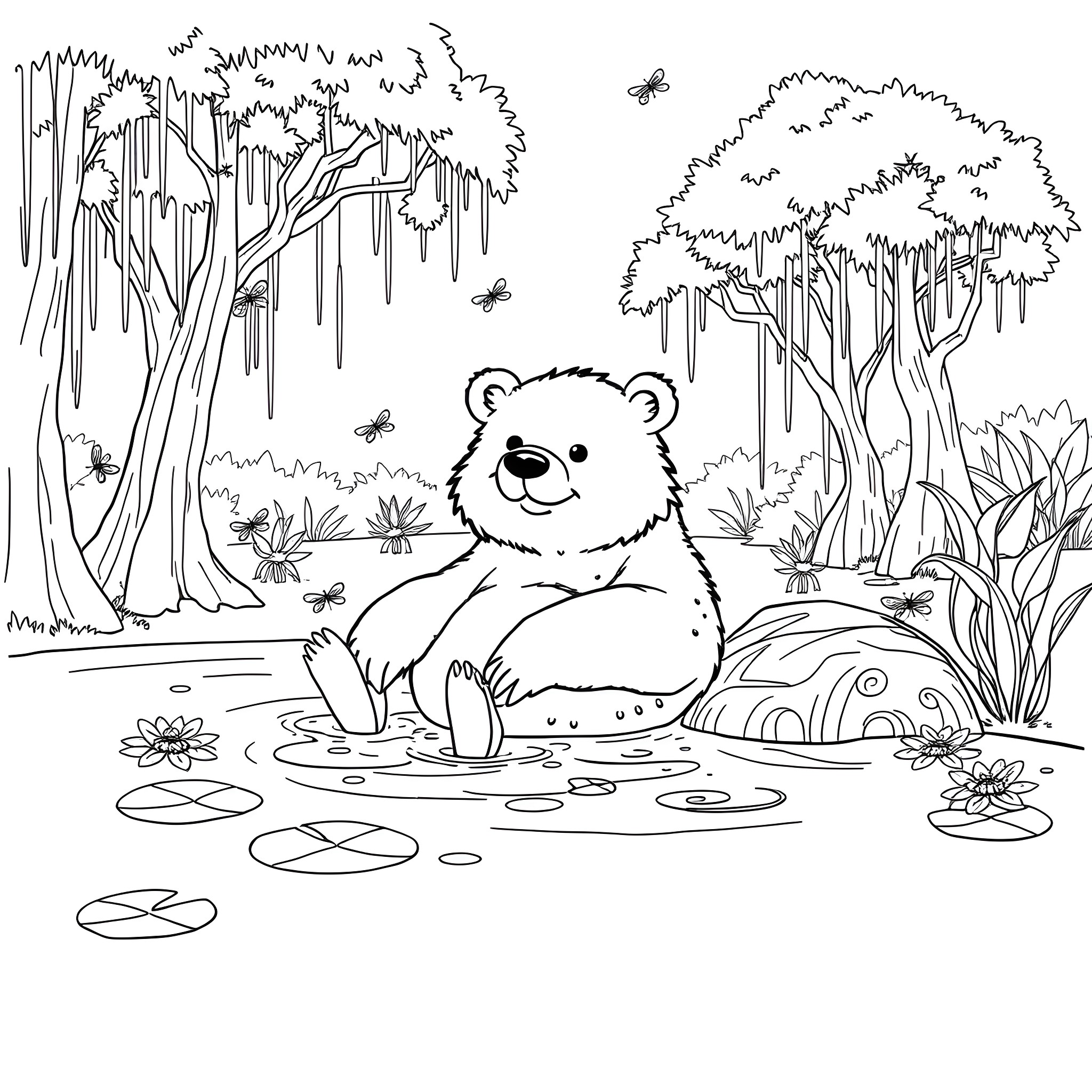 Bear in a tranquil forest scene Coloring Page (free black-and-white line drawing printable PDF for all, from beginners to advanced learners, including children, teens, adults, and seniors)